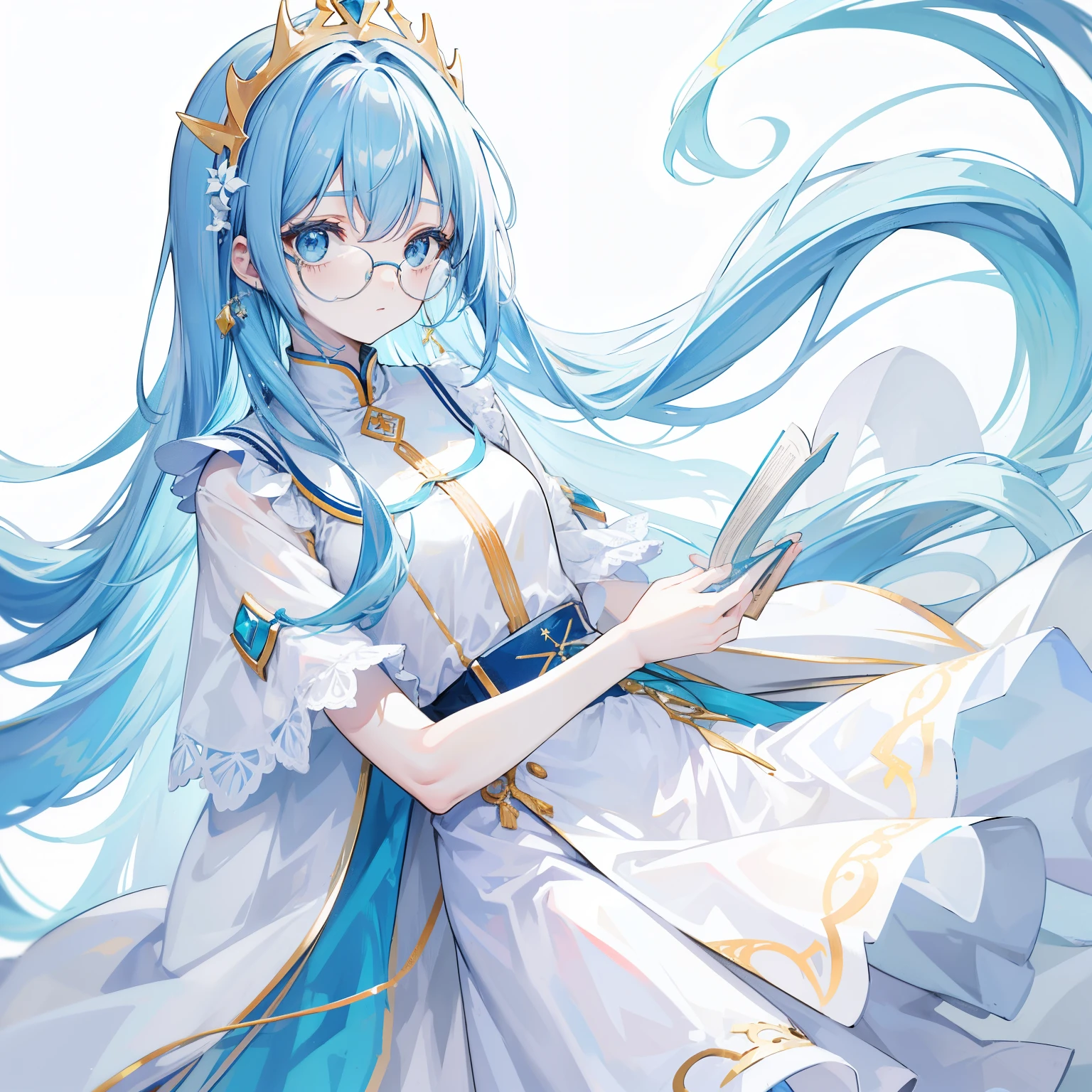 Long blue hair，White glasses，appearance々The light blue and pale yellow princess dress looks a little intelligent and cute, poor and simple