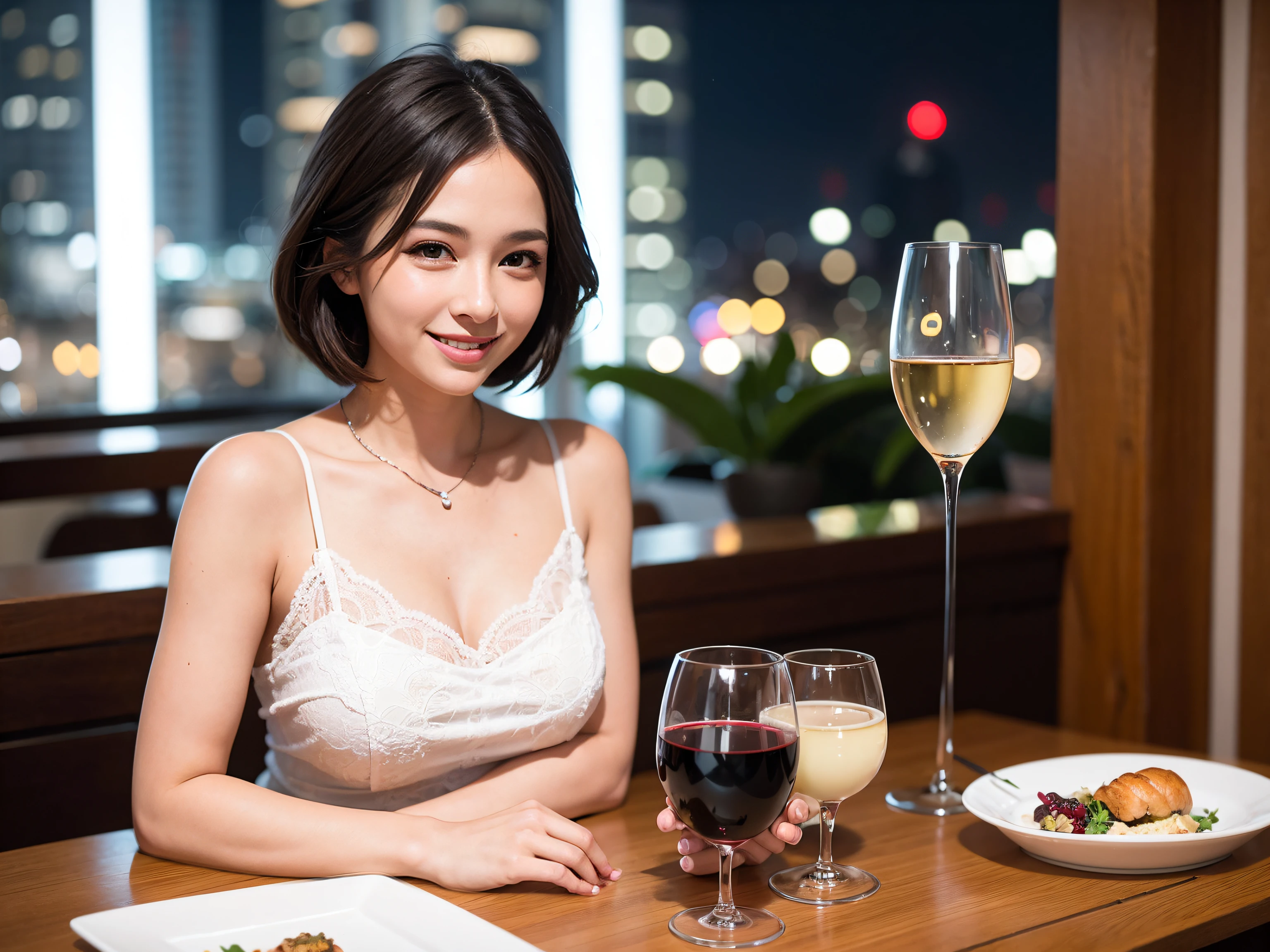 (64K, UHD, top quality, masterpiece: 1.2), (realistic, photorealistic: 1.37), super detailed, pretty woman 1 person, (slim face), (slim body), (brown hair), (short cut), cheeks slightly blushing, (35 years old), 38 years old, solo, beautiful detailed urban night view outside the window, restaurant, wine glasses sit, at night, in a prominent place (from the waist up) NovaFrogStyle, Actress, Model, Waist Up, White Wine, Slim, Wine Glass, Super Clean Night View, Wine Glass Put in the Middle, Happy Smile, (Smile: 1.15), Beautiful Fine Eyes, Upper Body, Bust Japan Up, Night, Short, Short, Actress, Model, Waist Up, White Wine, Slim, Wine Glass, Super Clean Night View, Wine Glass Put in the Middle, Happy Smile,