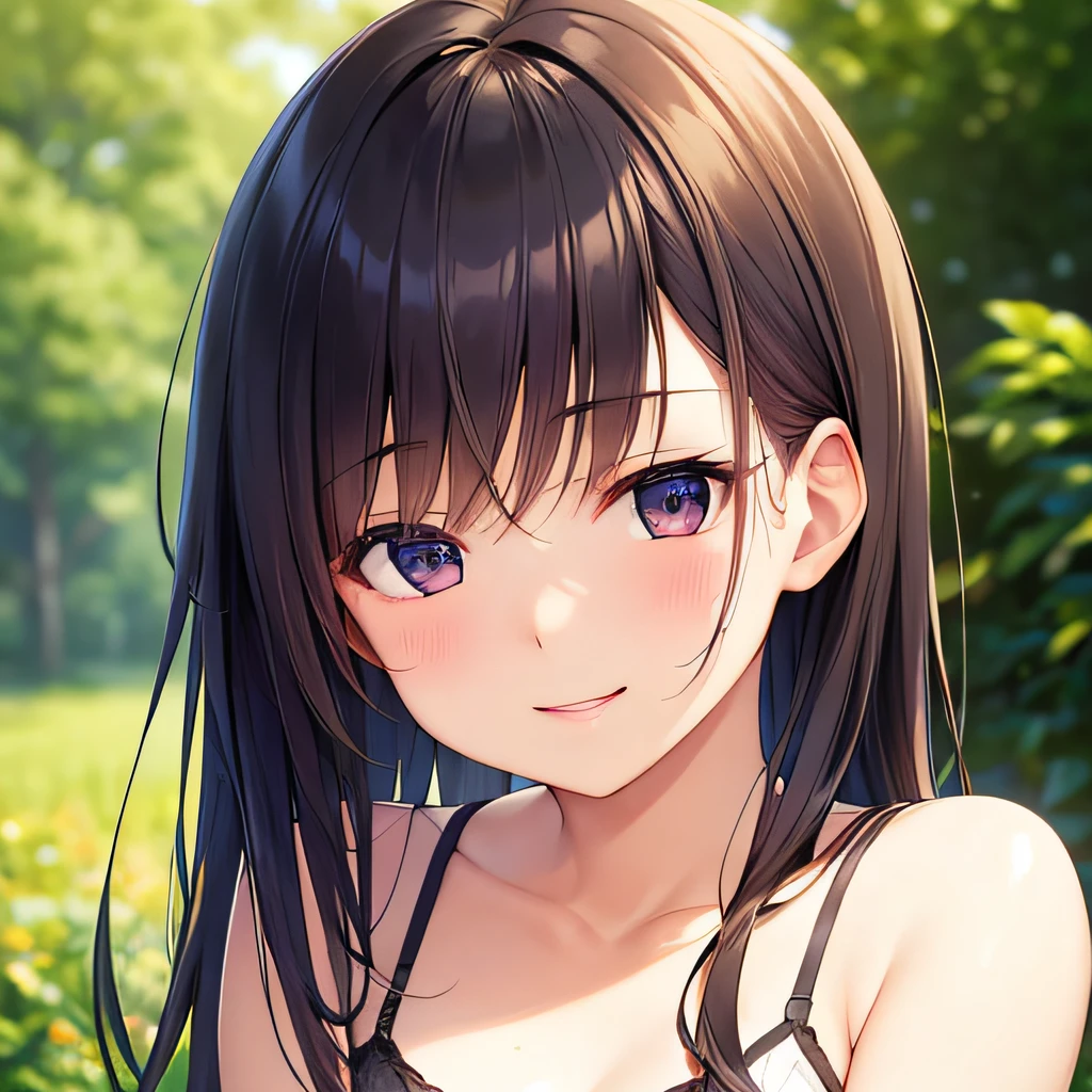 photographrealistic, (masutepiece,Best Quality:1.4),(8K,Raw photo,photographrealistic:1.2), Detailed skin,Detailed face,1girl in,Japanese Idol,Cute face, Black hair,Small breasts, slender, shiny eyes, Smile, BREAK (Side view:0.6), Cute camisole, pastel color