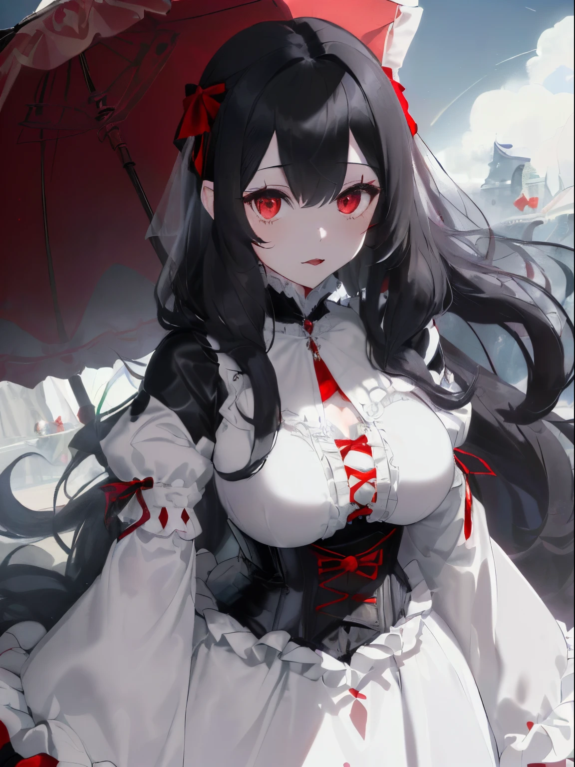 ((Black hair)),((curly fluffy hair)),((Super long hair)),((pale red eyes)),(double sleeve long sleeve clothes),(((A fluffy white dress with lots of ribbons on the chest))),((Black leather corset)),((Luxury costume with plenty of volume like a princess)),((The hem of the dress is so long that it touches the ground and sways in the wind...)),((A parasol with cute frills)),((Feeling of fatigue and weakness)),Slight red tide,(Stare at me with your mouth open),(Vampires),((long fangs)),(Yodare),(Kamimei),(((close up of face))),((Cute mascot-like black creature)),(Extra large full moon night),