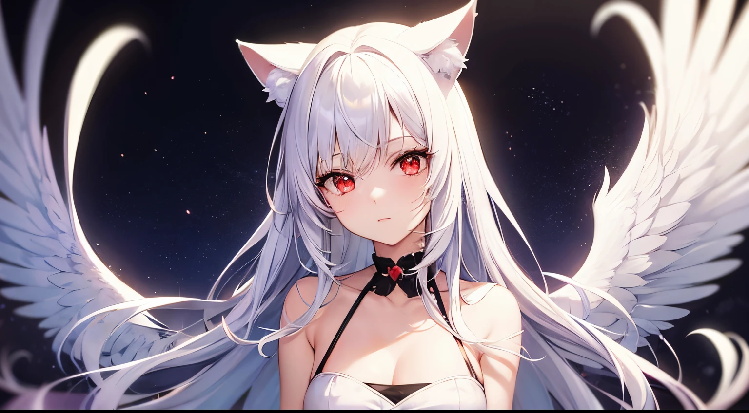 beautiful anime girl with white hair and red eyes, cat ears, wearing angel dress, angel wings