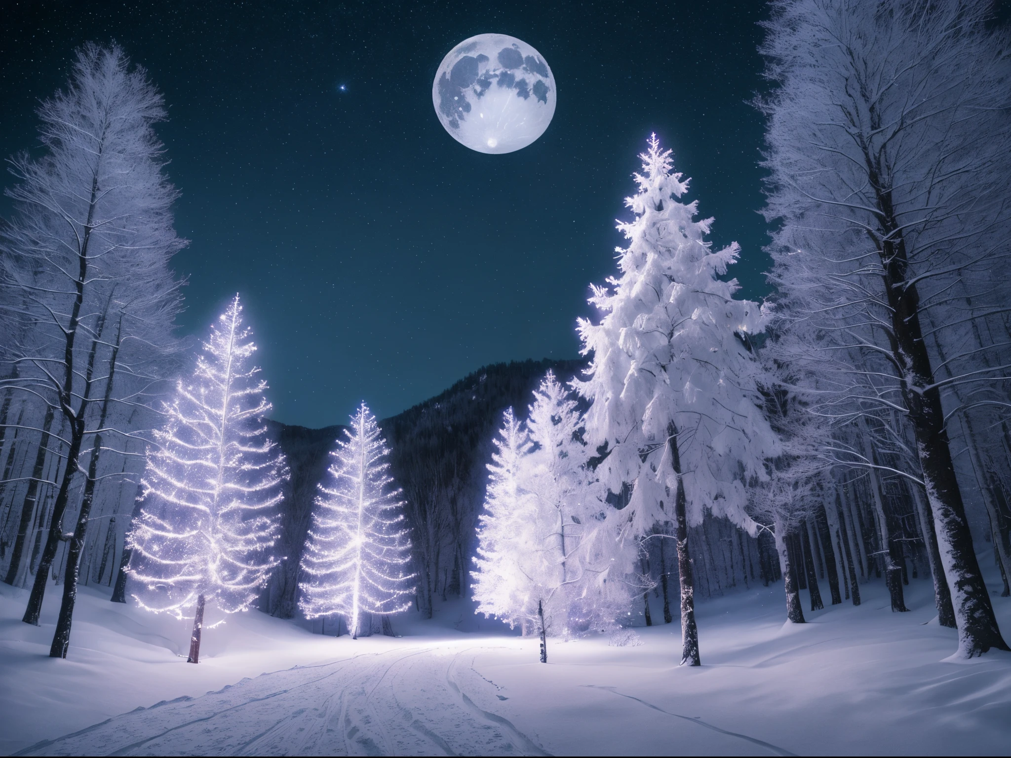 (magical,christmas)night,dark snow nature scene,beautiful landscape,high quality, (magical,Christmas) scene,dreamlike atmosphere,shimmering lights,glistening snowflakes,enchanted forest,frost-covered trees,quiet and peaceful,starlit sky,serene moon, (night) magical christmas, (dark) snowy wonderland, (beautiful) snowy landscape, (high quality) detailed snow textures, (nature scene) breathtaking scenery, (landscape) majestic mountains, (magical,christmas) cozy and warm atmosphere, (magical,christmas) twinkling stars, (high quality) vibrant colors, (dreamlike atmosphere) ethereal and surreal ambiance, (shimmering lights) sparkling street lamps, (glistening snowflakes) falling gently from the sky, (enchanted forest) with mysterious and mythical creatures, (frost-covered trees) creating an enchanting winter wonderland, (quiet and peaceful) with only the sound of soft snowflakes landing on the ground, (starlit sky) illuminating the landscape, (serene moon) casting a gentle glow on the scene.