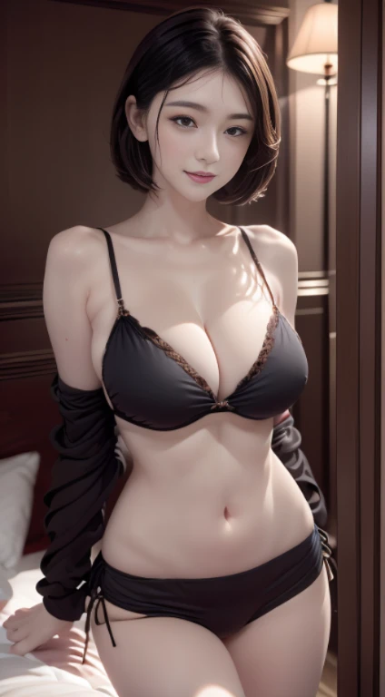(top-quality、8K、masterpiece) 、18+, Shooting a girl without clothes on , Beautiful Women in Perfect Figure:1.4、Short dark brown hair, not wearing any suits, sleeping in bedroom, extremely detailed face and skin, A detailed eye, A smile, big pussy, beautiful pussy, perfect breasts and pussy, sexy girl, not wearing any things, sexy posts, see pussy, see breasts, Not wearing underwear, Not wearing a bra, Picture 18+,