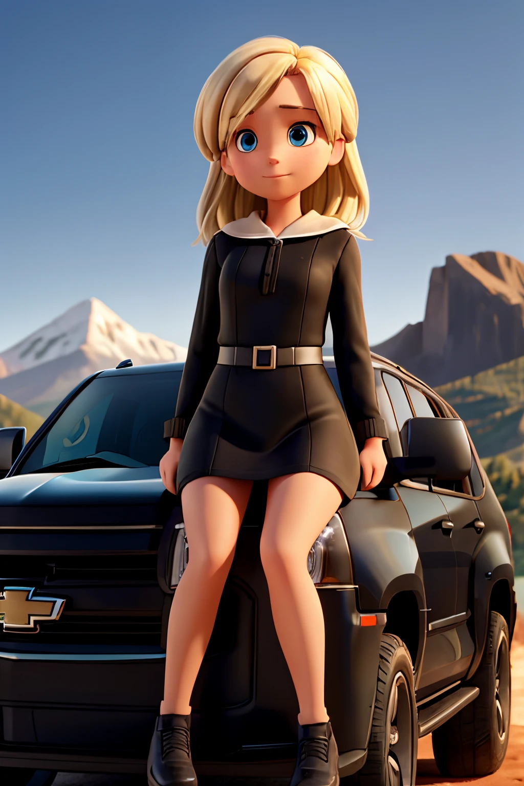 a girl architect with blond hair in a black short dress sits on the hood of a black Chevrolet Tahoe against the background of mountains