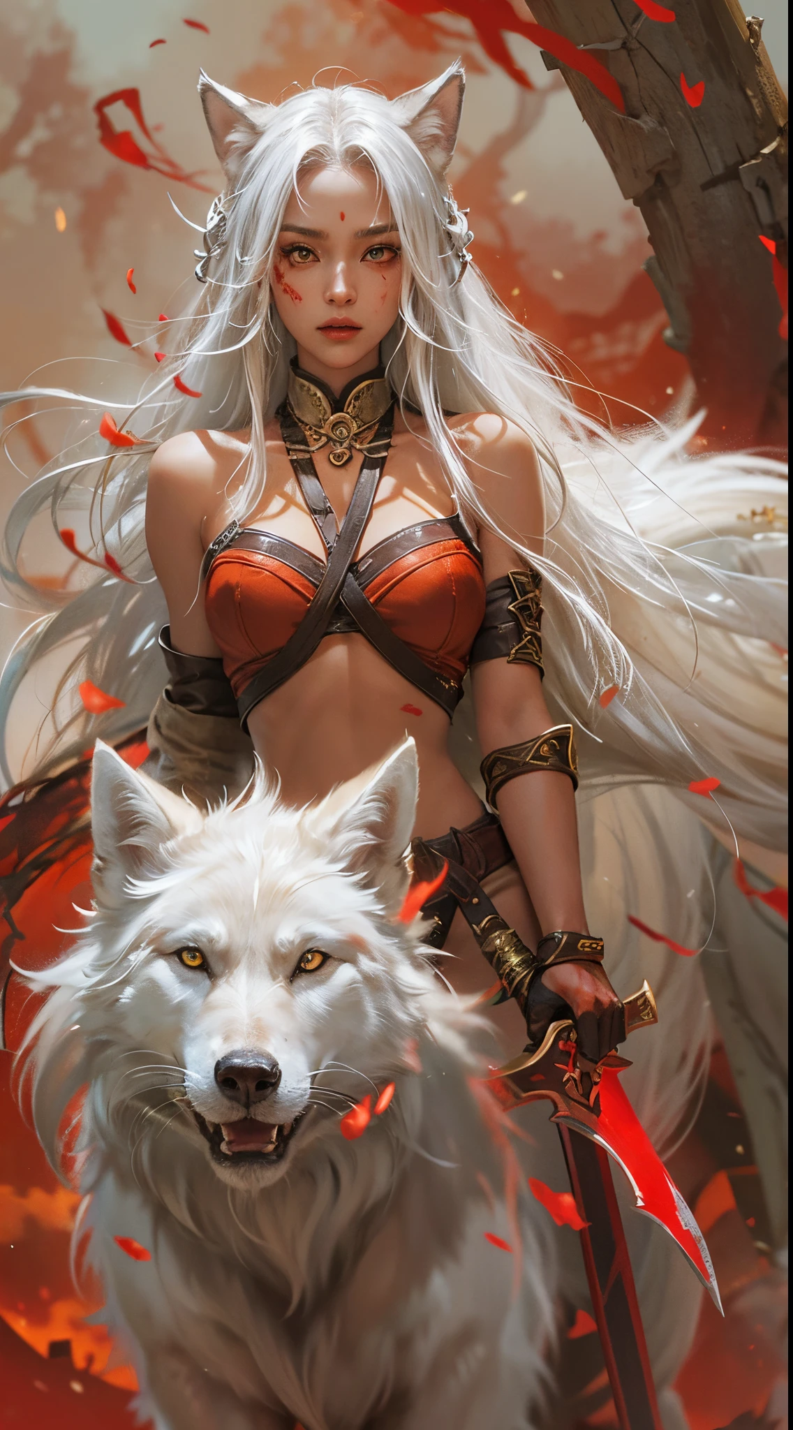 Shockingly Beautiful exotic tanned female kitsune barbarian walking toward the camera, slim fit slender toned lean, very muscular, curvy, holding a huge oversized spear with a stylized red glowing blade, long wild silver hair, glowing golden eyes, intense angry expression, slight wicked evil smile, blood splatter smeared and dripping, large red rage aura, having a large white wolf next to her, has blood is all over the wolf and mouth, a scars on the wolfs face, a burning village on the background.