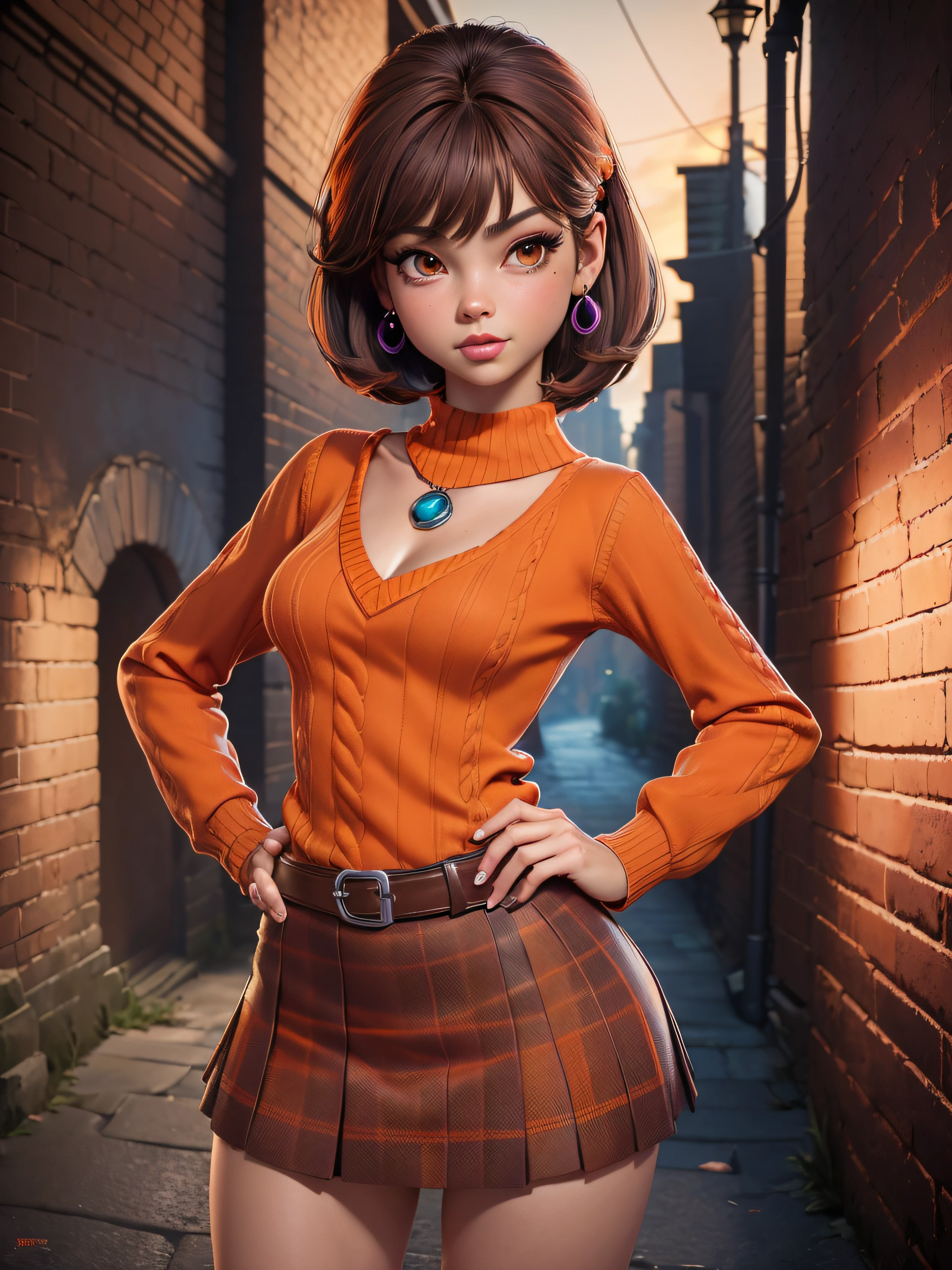 Beautiful Jennie Blackpink, best quality，tmasterpiece，ultimate resolution，Smooth，extremely colorful，Colored，Mermaid Princess，(Vilma Dinkley from Scooby-Doo:1.4)，Black suspender stockings，Starrysky Android!,More detailed 8K.unreal engine: 1.4,UHD,Best Quality:1.4, Photorealistic:1.4, Skin Texture:1.4, Masterpiece:1.8,Premium Artwork, Best Quality,Object Object], (detailed face features:1.3),(City of Dark Alley :1.4),(short brown hair:1.4),（Beautiful and detailed eye description）,(hands:1.4), (Vilma Dinkley's wardrobe:1.4),(show her panties:1.4),(Scooby-Doo series), (red schoolgirl miniskirt:1.4), (orange sweater:1.4),(Jennie Blackpink:1.4)