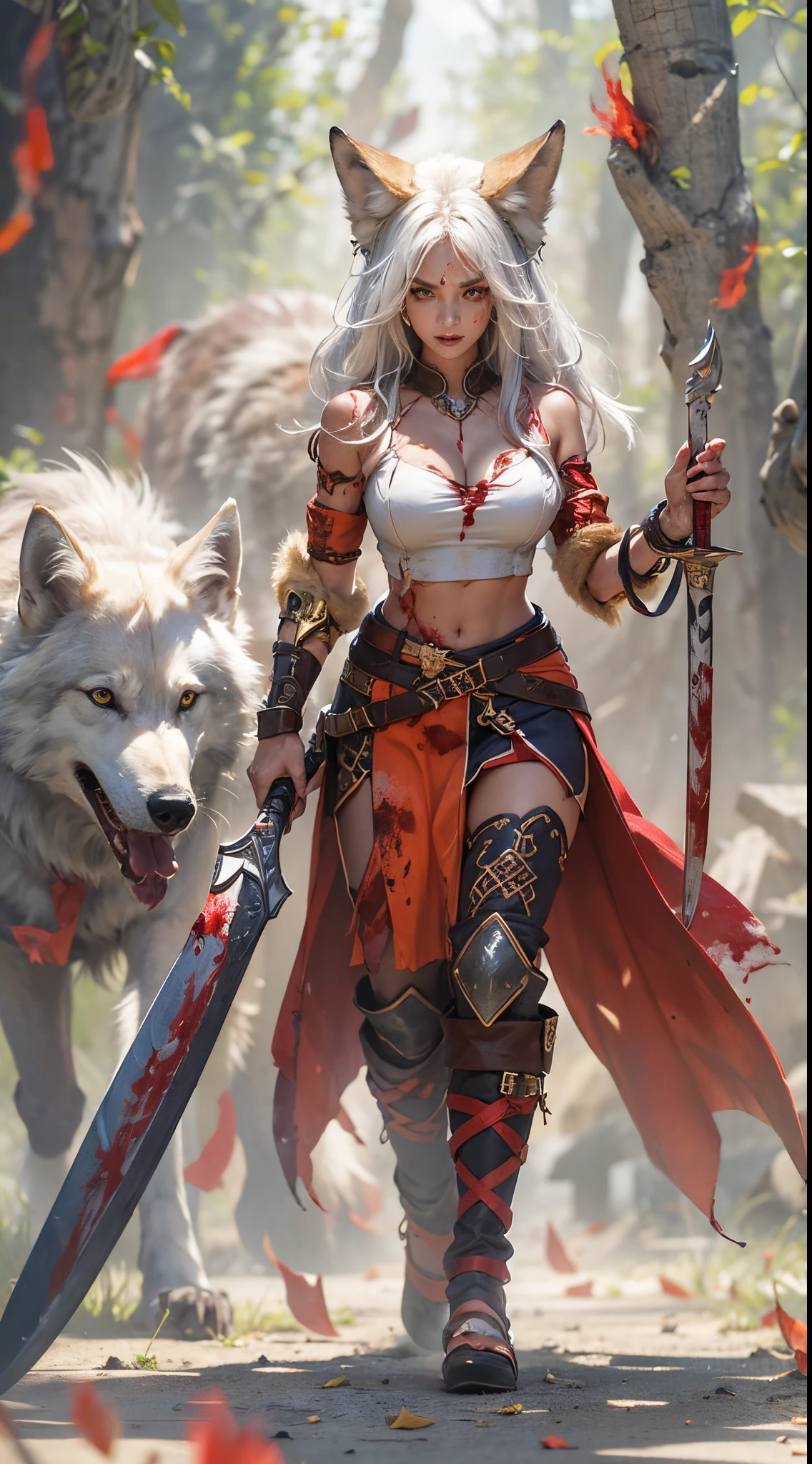 Shockingly Beautiful exotic tanned female kitsune barbarian walking toward the camera, slim fit slender toned lean, very muscular, curvy, holding a huge oversized spear with a stylized red glowing blade, long wild silver hair, glowing golden eyes, intense angry expression, slight wicked evil smile, blood splatter smeared and dripping, large red rage aura, having a large white wolf next to her, has blood is all over the wolf and mouth, a scars on the wolfs face, a burning village on the background.