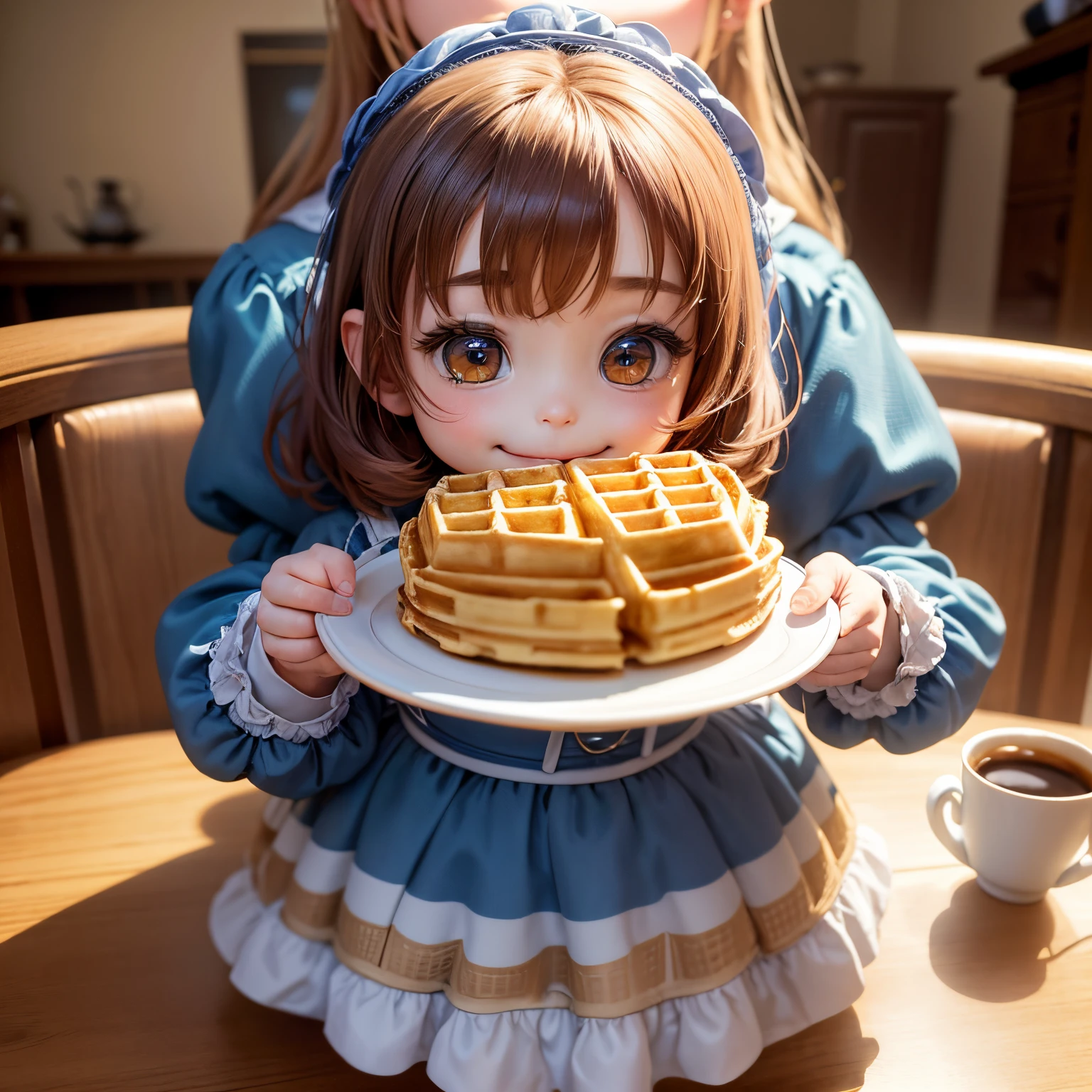 ​masterpiece、top-quality、ultra-detailliert、(Chibi Chara's Daughter:1.2)、Blue Bob、(waffle:1.2)eats、The table、Multiple waffles on a plate of Noritake、Coffee Cup、A smile、Standing、Renaissance dresses、