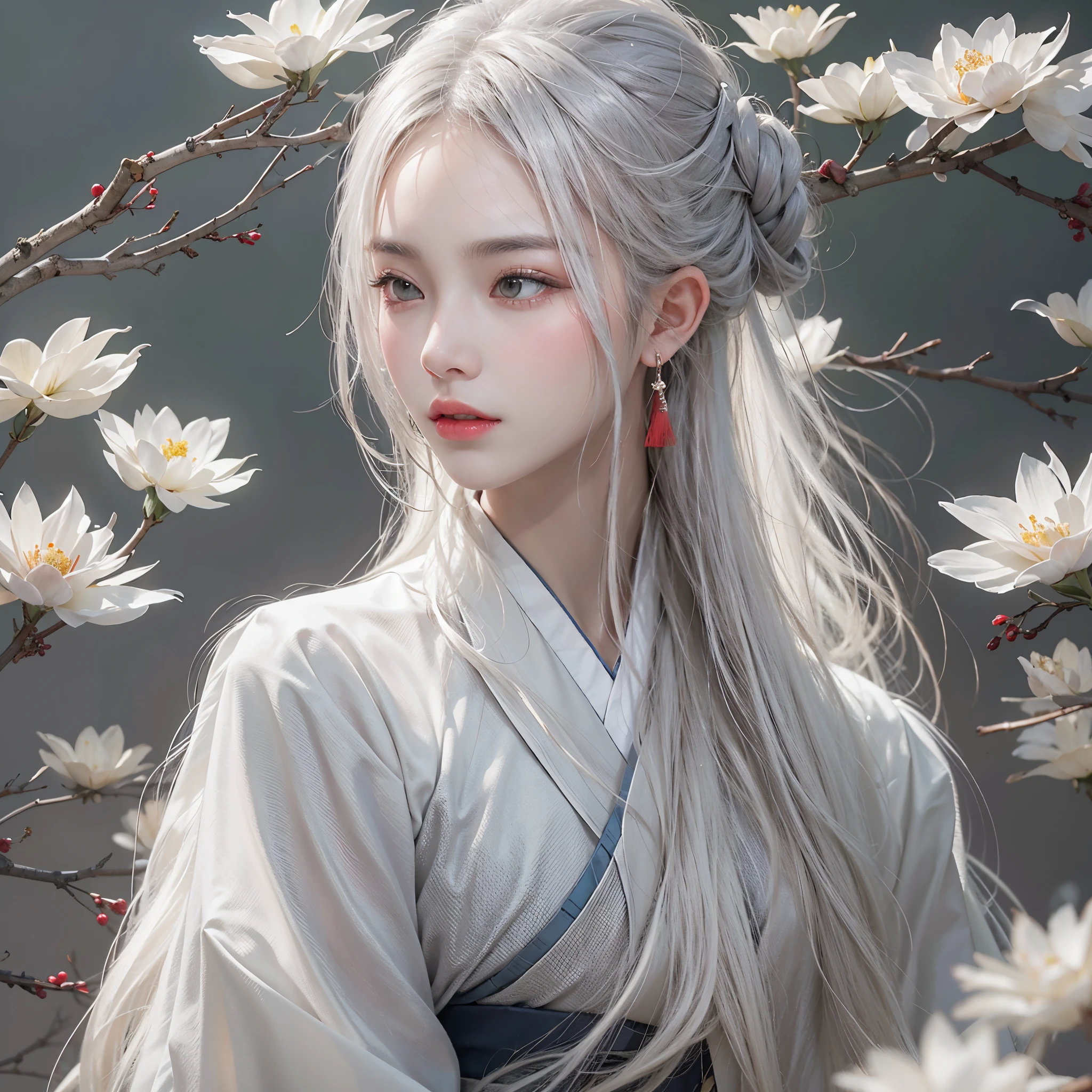 realisticlying, A high resolution, gentlesoftlighting, a 1 woman, Glossy glossy skin, Delicate skin, Alone, hip-up, Just look at the audience, (详细的脸), White hair, long whitr hair, Chinese wedding Hanfu