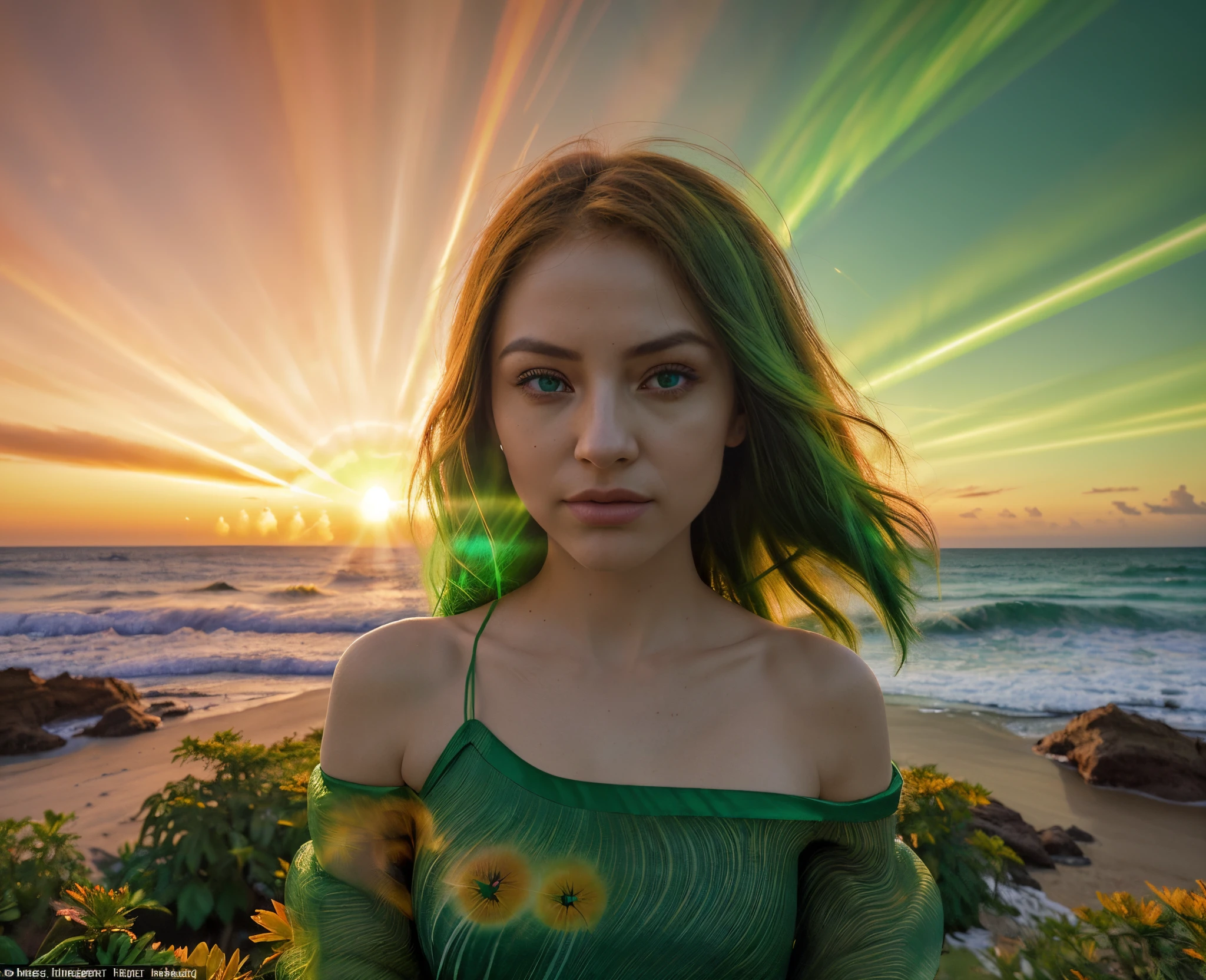 A fleeting moment captured against the backdrop of a fiery sunset, the Green Flash appears as a vibrant burst of emerald radiance atop the Sun's edge. This mesmerizing optical phenomenon, resembling a painting in its vivid hues and surreal beauty, enchants the viewer with its rare and ethereal presence. The impeccable image flawlessly portrays the brief yet captivating glimpse of green, leaving one in awe of nature's remarkable spectacle.