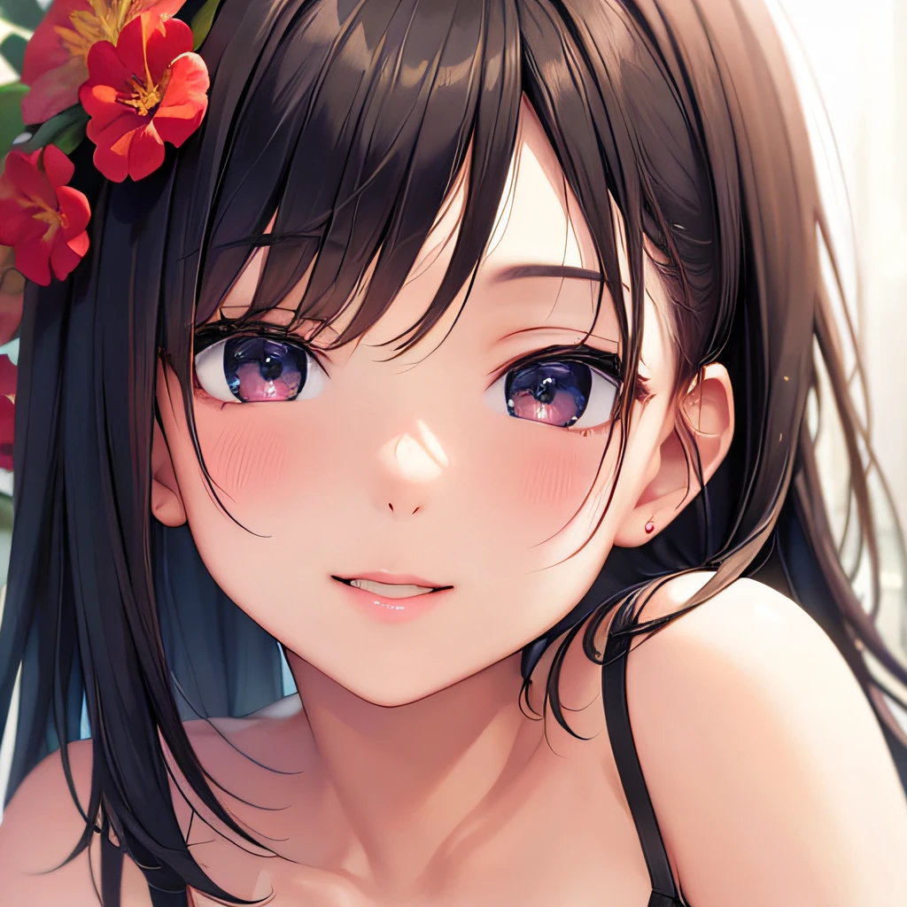 photographrealistic, (masutepiece,Best Quality:1.4),(8K,Raw photo,photographrealistic:1.2), Detailed skin,Detailed face,1girl in,Japanese Idol,Cute face, Black hair,slender, shiny eyes, Smile, BREAK (Side view:0.6), Cute Bikini