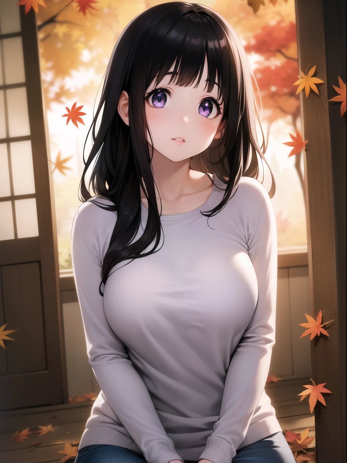 (A superb exquisite Chitanda Eru), purple eyes, long black hair, natural straight hair, straight bangs, solo, (Small_breasts: large_breasts: 0.3), (autumn leaves, casual clothes), extremely delicate, peerless beautiful girl, dreamy quality, exaggerated facial features, solid color, delicate face, bright lips, slender waist, soft curves, real light and shadow, super fine, 8K HD, natural moving, (masterpiece:1.4), (finely detailed beautiful eyes: 1.2), (adult face)