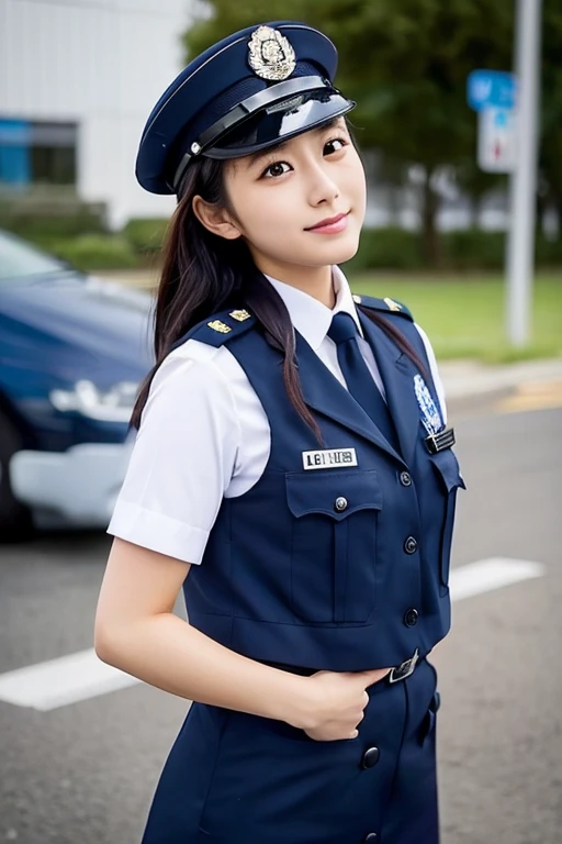 1 girl, beautiful, cute, professional lighting, highest quality,well-groomed face,(police uniform,:1.7),long hair,big breasts, clear, beautiful, beach