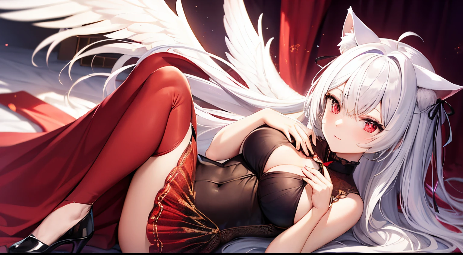 beautiful anime girl with white hair and red eyes, cat ears, wearing angel dress, angel wings, full body