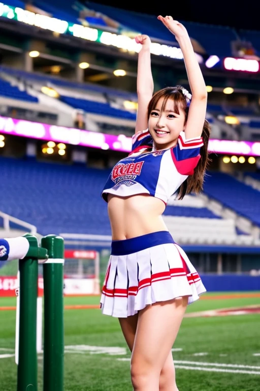 masterpiece, Highest quality, Very detailed, High resolution, (Realistic, photoRealistic:1.37), Excellent anatomy, One beautiful woman, 18-year-old, Height: 152cm, Cheerleader, (Holding a pom-pom in both hands:1.5), A small smile, cheer leading, Cheerleader uniform, (shape), Micro Pleated Mini Skirt, No underwear, ((Very delicate and beautiful)), ((Stadium Background:1.2)), Brown Hair, Long Hair, bangs, Very beautiful face, Cute type, Big Natural Color Lip, Small and cute nose, Big and pretty eyes, Brown eyes, Obvious double, Shiny highlight spots around the eyes, Character Focus, Tilt your head, The best light, Best Shadow, mysterious, Perfect Face, Very detailed, Soft Skin, (Glowing Skin, Sweaty: 1.3), Beautiful feet, Voluptuous thighs, Plump body, Huge breasts, (Expresses the roundness and softness of the chest area.........1), Beautiful body, (The perfect woman), Spread your legs, ((Provocative dynamic pose)), Skirt flip, (Spreading pussy:1.5)