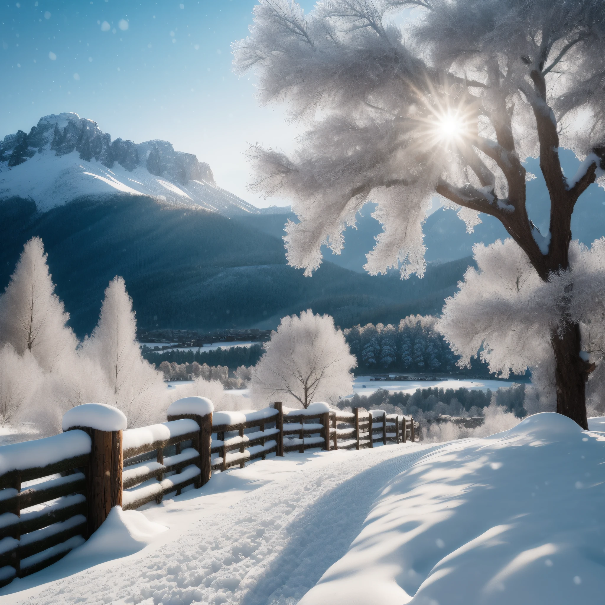 The prompt after meeting the requirements is:
"Tree and fence foreground, snowy mountain background, beautiful snowy landscape, beautiful winter area, Snow-capped mountain scenery, Cold but beautiful, winter setting, fantasia de cena de inverno, sunny winter day, marc adamus, winter atmosphere, snow landscape, Icy cold, mystic winter landscape, window shutters, Winter outdoor scenery, winter landscape, cold sunny day, Winters"
