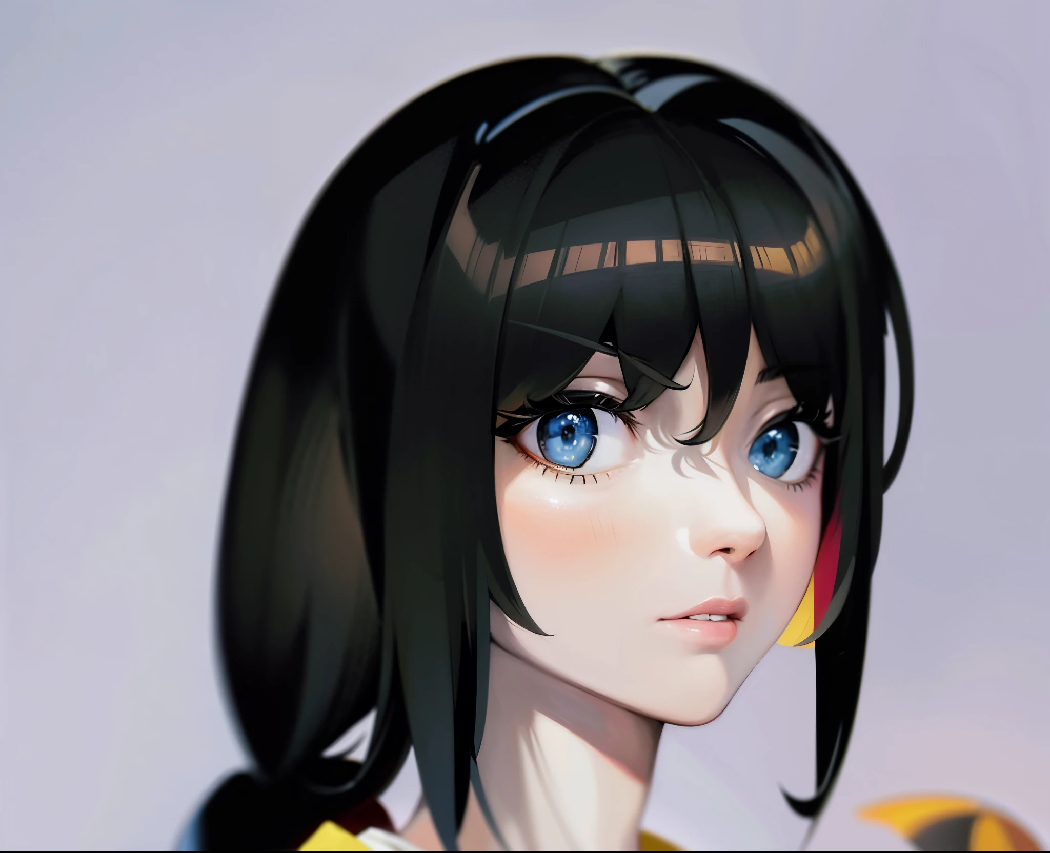 Anime girl with black hair and yellow shirt, Semi-realistic anime style, drawn in anime painter studio,  anime realism style, Produced by Anime Painter Studio, Semi-realistic anime, Inspired by Jinyan, anime shading), anime shading, Anime style characters, Semi-realistic animation, Face anime portrait, anime portrait, style of anime，black color hair