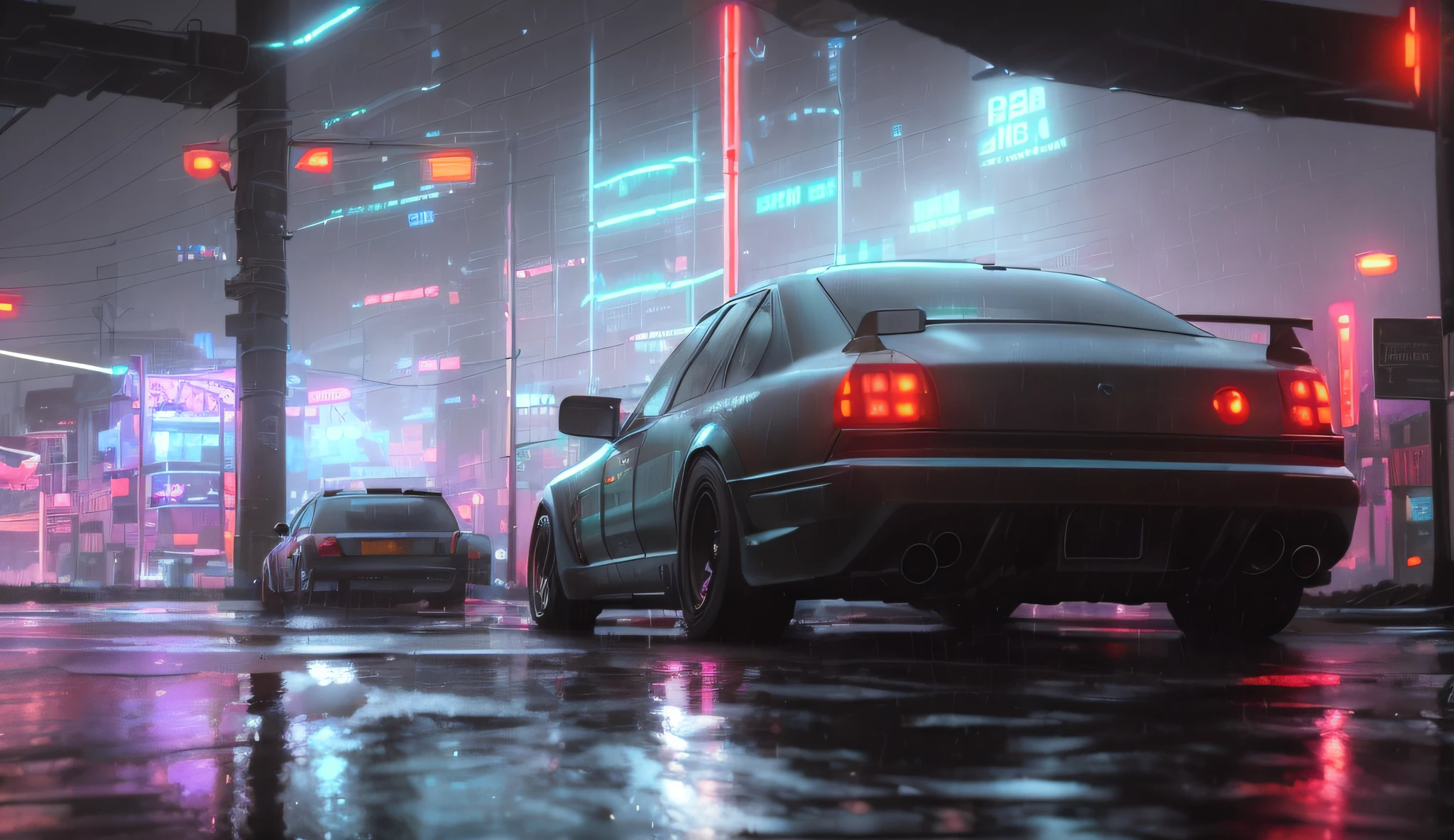 Cars driving on the street in the rain at night, Surreal cyberpunk style, cyberpunk night street, beautiful cinematic light, cyberpunk streets at night, Red and movie lighting, cyberpunk street, cyber punk style ， hyper realisitc, and Mumford. 8k 辛烷值渲染, and Mumford. Octagonal rendering, Highly realistic concept art, Rainy cyberpunk city, Cyberpunk Street at Night，Design game UI