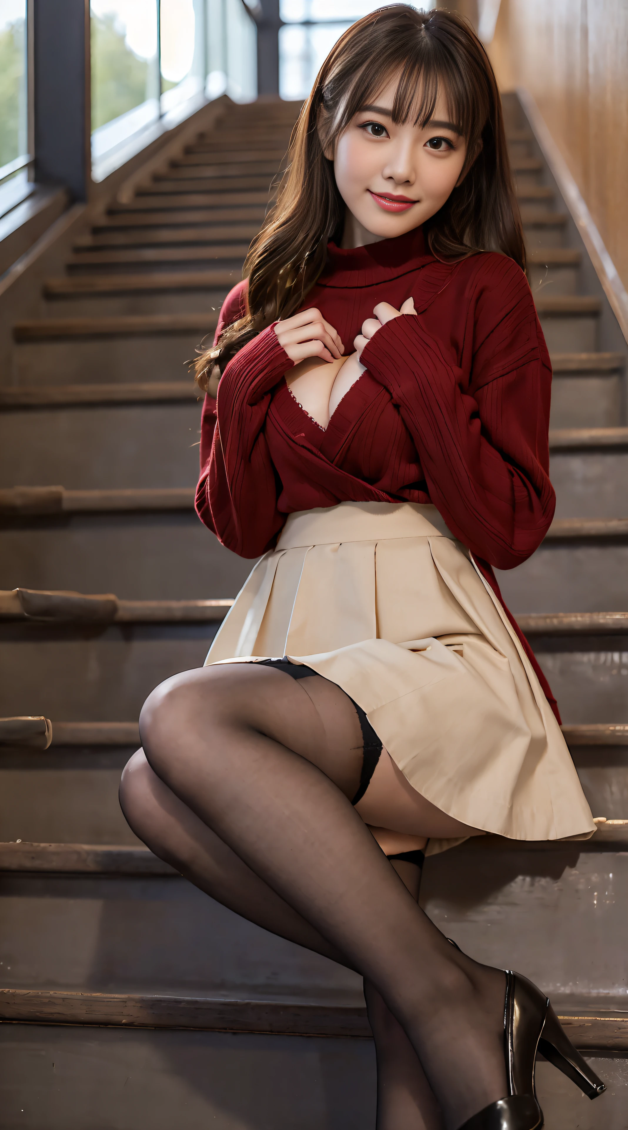 top-quality、Top image quality、masterpiece、fully body photo、25 years old women, governess、Dark brown wavy middle hair、bangss、((Red Long Sleeve Knit、Beige flared skirt、Stockings))、 ((no-bra、Puffy nipple、Flip the skirt、Visible))、Sexy red panties、soft boob、Large breasts、high-heels、 cute smile face、stairs at school、Sit on the stairs with your legs open、((I can see all my panties、Rub your chest with both hands、Touching the crotch))