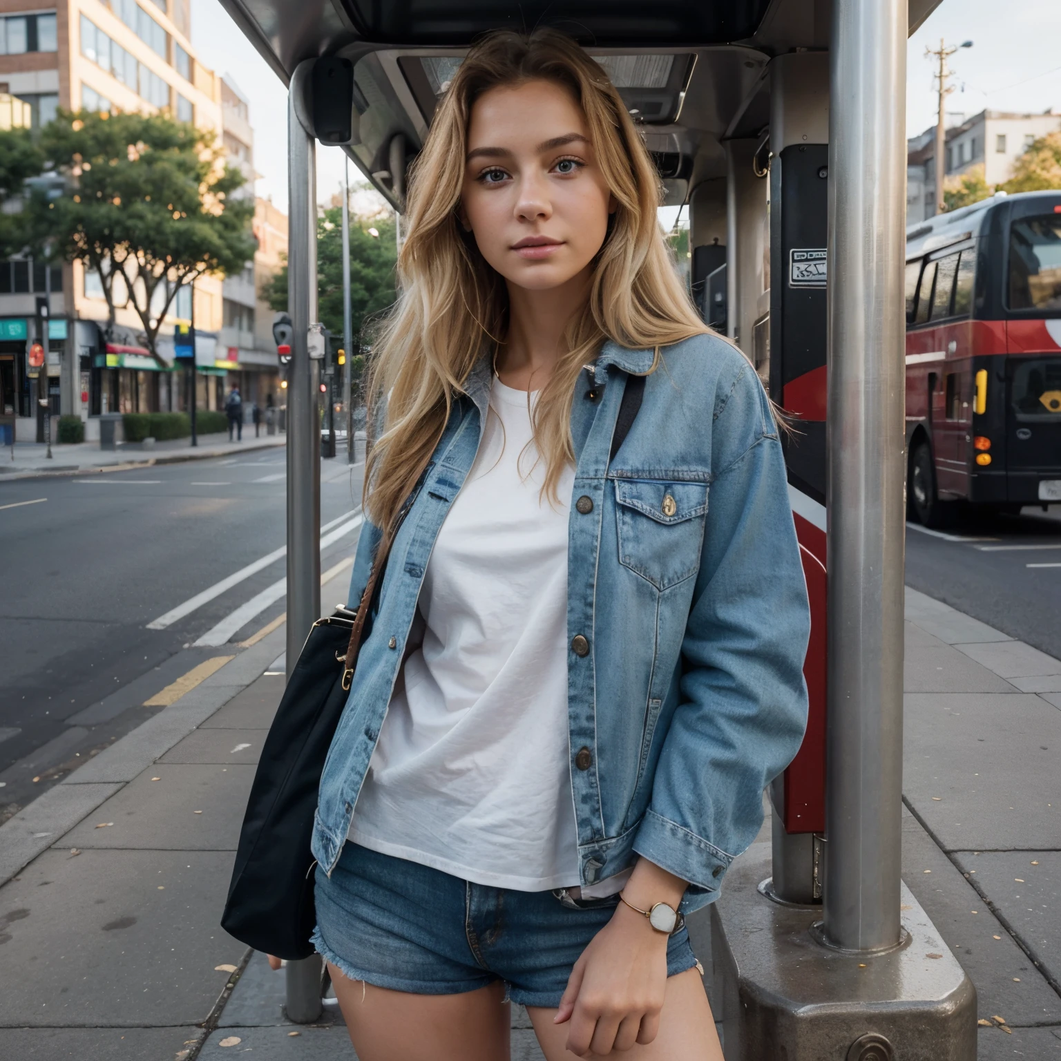 Create a highly realistic image of a young woman, who mirrors the appearance in the uploaded photographs, waiting at a bus stop. Her hair should be a luminous golden blonde, styled casually yet elegantly, reflecting the everyday urban setting. Her eyes, a bright and engaging blue, should express a sense of anticipation or casual observation, typical of a person waiting for public transport. Her skin is fair and flawlessly smooth, with a texture that naturally responds to the outdoor lighting of the city street. Her lips are a soft pink, portraying a relaxed and approachable demeanor. She's dressed in a practical yet fashionable outfit, like a stylish jacket and comfortable jeans, fitting for an urban commute. The bus stop is set in a busy city street, with a clear bus stop sign, a bench, and perhaps a background of city life and passing vehicles. The lighting should be natural, perhaps with a soft urban glow, highlighting her features and the details of the bus stop scene. Focus on accurately capturing her golden blonde hair and the lifelike details of her facial features, especially the clarity of her eyes and the natural look of her lips, creating a scene of everyday city life. The image should have the quality and clarity of a high-resolution, professionally shot lifestyle photograph.
