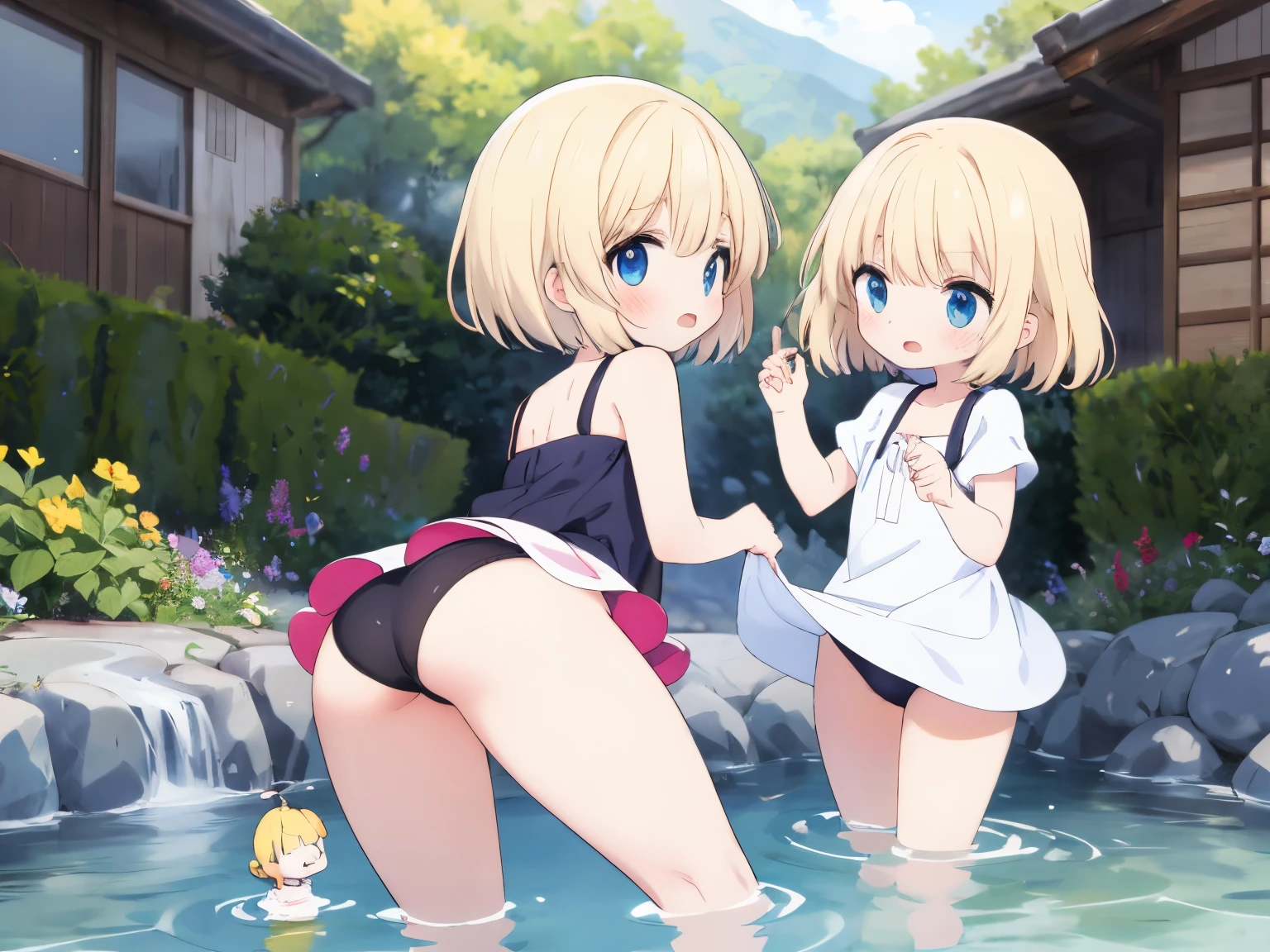 Best Quality, ultra-detailliert, kids traveling， two  in a hot spring, Gamine２In person, platinum-blonde-hair,  Floating hair，kids showing their butts，from the rear,  Turning around，shading