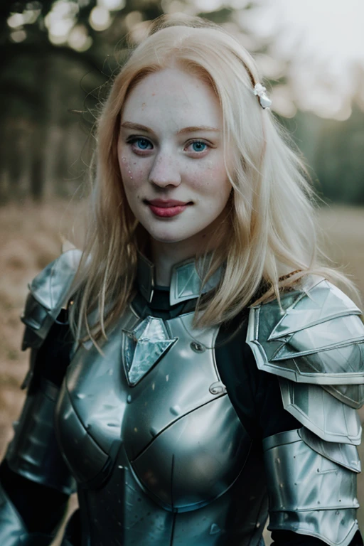 Ultra realistic photography of dbwl woman with many huge beauty marks on her natural pale white skin  ,    ( (medium shot )) ,  full body portrait, 
 (SFW),  (((wearing crystal knight armor that is glowing ))), upper arms,  ((in frame)),  

 ((fighting stance)),   natural (  pale light blonde eyelashes) , blue eyes, medieval background,
 detailed Natural pale white skin  with (many huge round beauty marks) , smile, light pale blonde eyebrows,
 happy, clean cheeks,
detailed, natural light blonde,  outdoors, sunny, high resolution, photograph, RAW photo, crystal4rmor, [[sexy]]