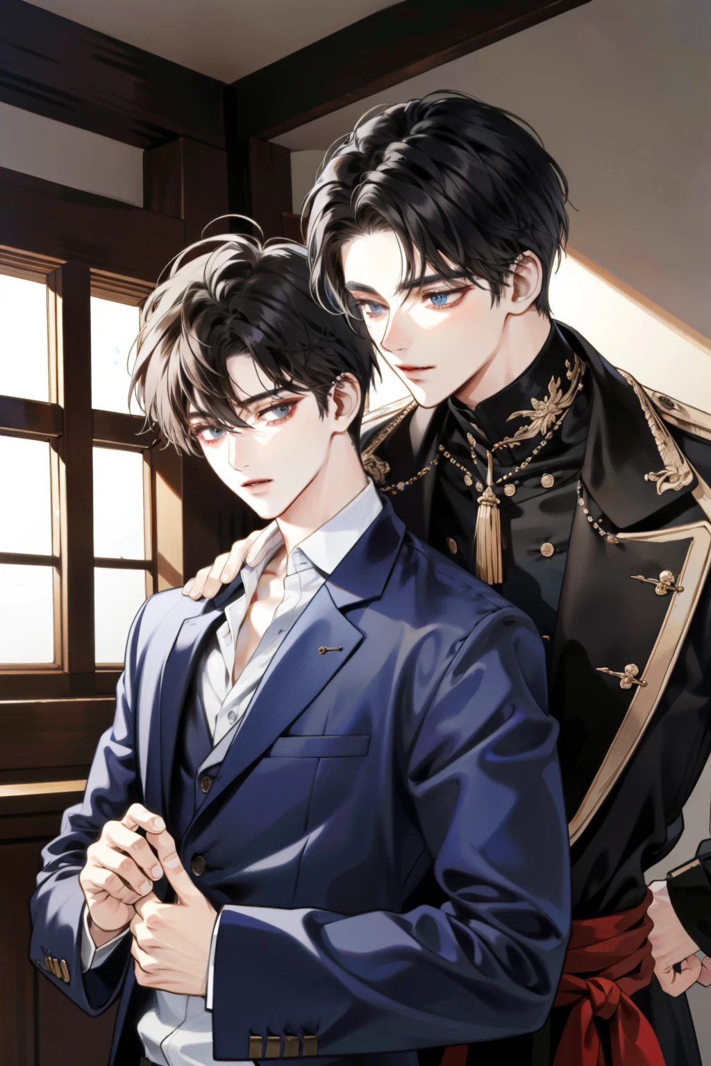 masterpiece, top-quality, 2Others, a couple, 1 man and 1,, Adults, Height difference, different fashion, different color, finely eye and detailed face, intricate detailes, Casual clothing, Oversized shirt, Modern urban streets, Hands on back, A smile, Happiness, tenderness, queers, high-level image quality、2a person々 beautiful male、tall、hug from behind、Trying to kiss、window、nightfall、nighttime scene、𝓡𝓸𝓶𝓪𝓷𝓽𝓲𝓬、Korean Male, Idol Photos, k pop, Professional Photos, Vampires, Korean fashion in black and white, By Fedman with a necklace, inspired by Sim Sa-jeong, androgynous vampire, :9 detailed face: 8, extra detailed face, detailed punk hair, ((asa)) baggy eyes, Seductive. Highly detailed, semi realistic anime, Vampires, hyperrealistic , delicate androgynous prince, imvu, short hair above the chin, Two men, A man with a glaring expression and a man with a gentle expression, A man with light brown hair and a man with black hair