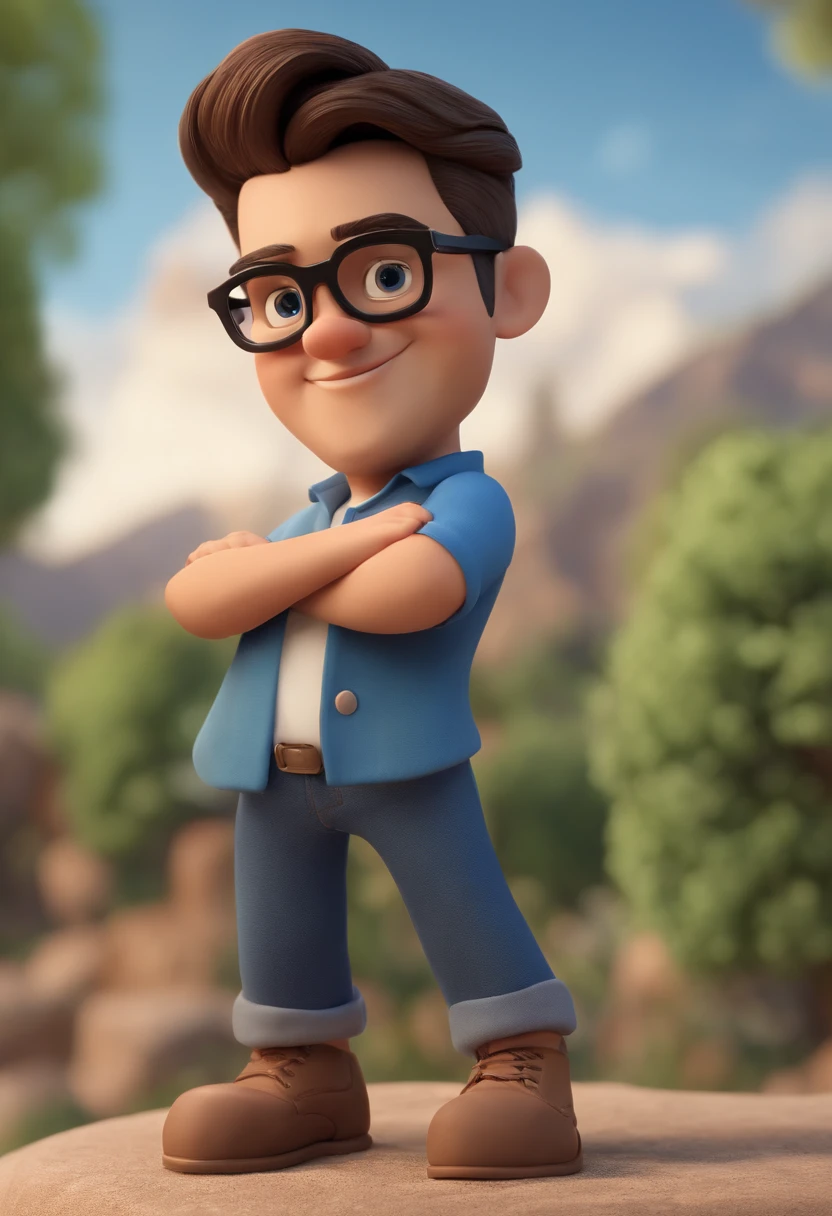 Cartoon character of a man wearing black glasses and blue shirt, an animated character, stylized characters, Animation-style rendering, 3D stylization, arnold maya render, Stylized 3D rendering, Cartoon rendering key shots, 3d character, 3d character, Stylized 3D rendering, 3D character rendering, cartoon character, Close-up characters, Character pose, (pixar-style) (main part:1.2) (bokeh) (Best quality at best) (Delicate skin) (Detailed texture) (8K) (clay) (电影灯光) (tack sharp focus,Sit down and raise your upper body