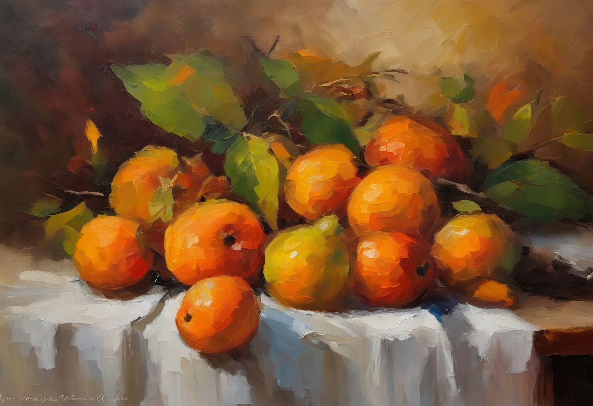 (aesthetic,Altas Resoluciones),(La mejor calidad,oils:1.2), bodegón con naranjas, mandarinas, uvas e higos, oscuridad, pinceladas pesadas, pinceladas brillantes, textura canvas