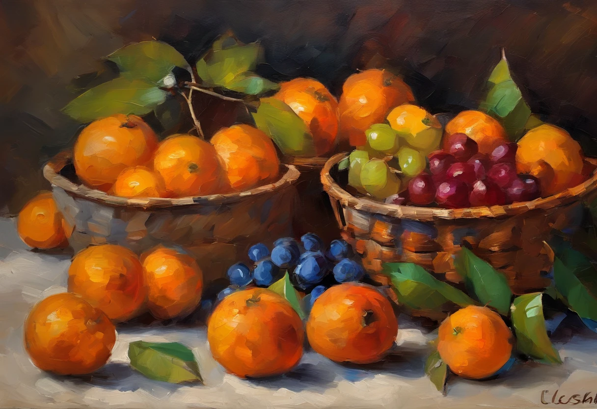 (aesthetic,Altas Resoluciones),(La mejor calidad,oils:1.2), bodegón con naranjas, mandarinas, uvas e higos, oscuridad, pinceladas pesadas, pinceladas brillantes, textura canvas