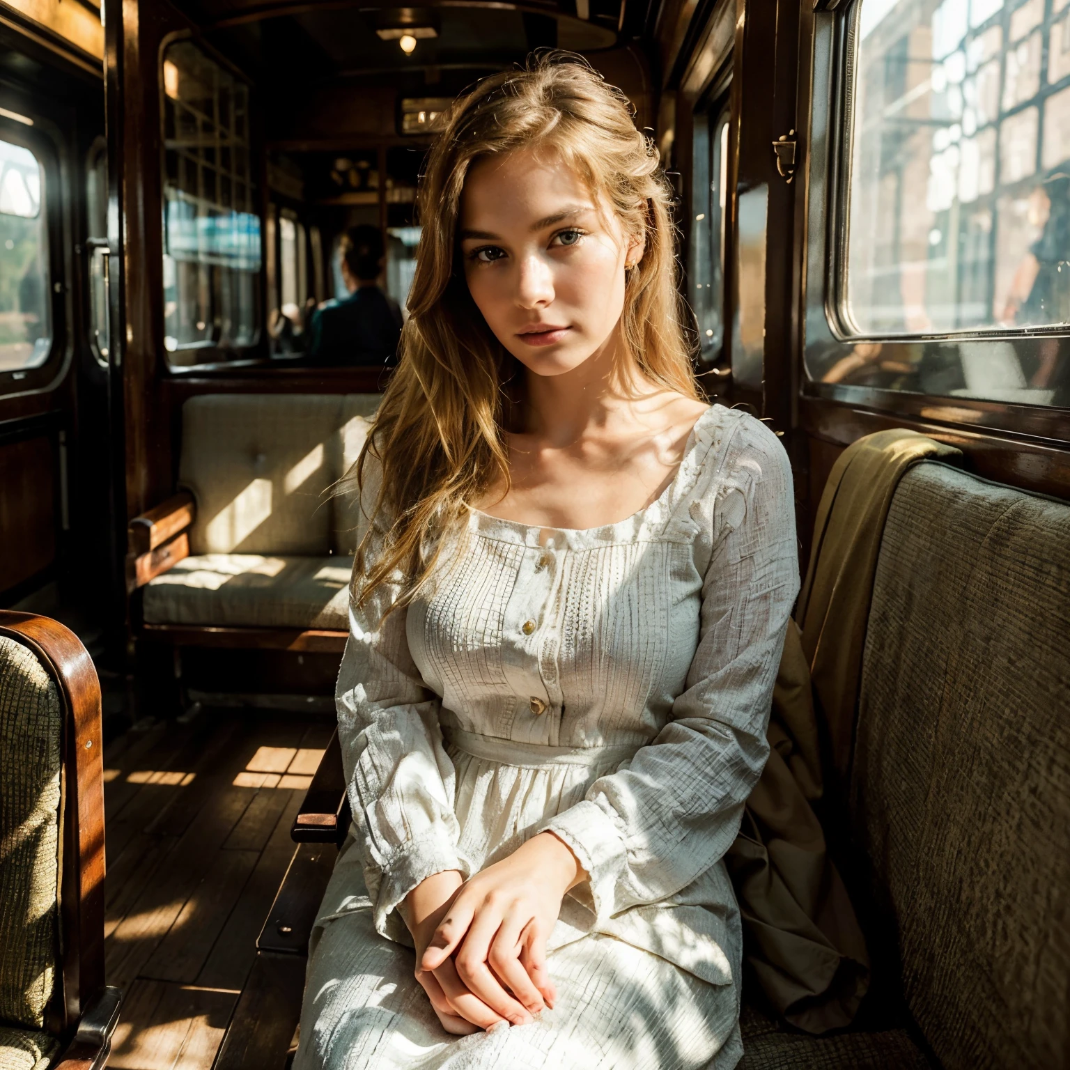 Create a deeply realistic image of a young woman, accurately reflecting the appearance in the uploaded photographs, sitting inside an old-fashioned train compartment. Her hair should be a radiant golden blonde, styled in a timeless and graceful manner, harmonizing with the vintage setting of the train. Her eyes, a striking blue, should convey a sense of nostalgia and contemplation, as if lost in thought or admiring the passing scenery. Her skin is fair and impeccably smooth, with a texture that captures the soft, natural light filtering through the train windows. Her lips are a soft, natural pink, adding to her look of classic elegance. She's dressed in an outfit that complements the old-world charm of the train, perhaps a chic dress or a sophisticated casual ensemble, suitable for a leisurely journey. The train compartment is rich in vintage details, with wooden paneling, plush seats, and possibly a window showing the countryside or cityscape outside. The lighting should be warm and inviting, enhancing her features and the antique atmosphere of the compartment. Focus on the accurate depiction of her golden blonde hair and the detailed realism of her facial features, especially the depth of her eyes and the gentle curve of her lips, capturing a moment of timeless travel. The image should have the quality and depth of a professional, high-resolution travel or lifestyle magazine photograph.