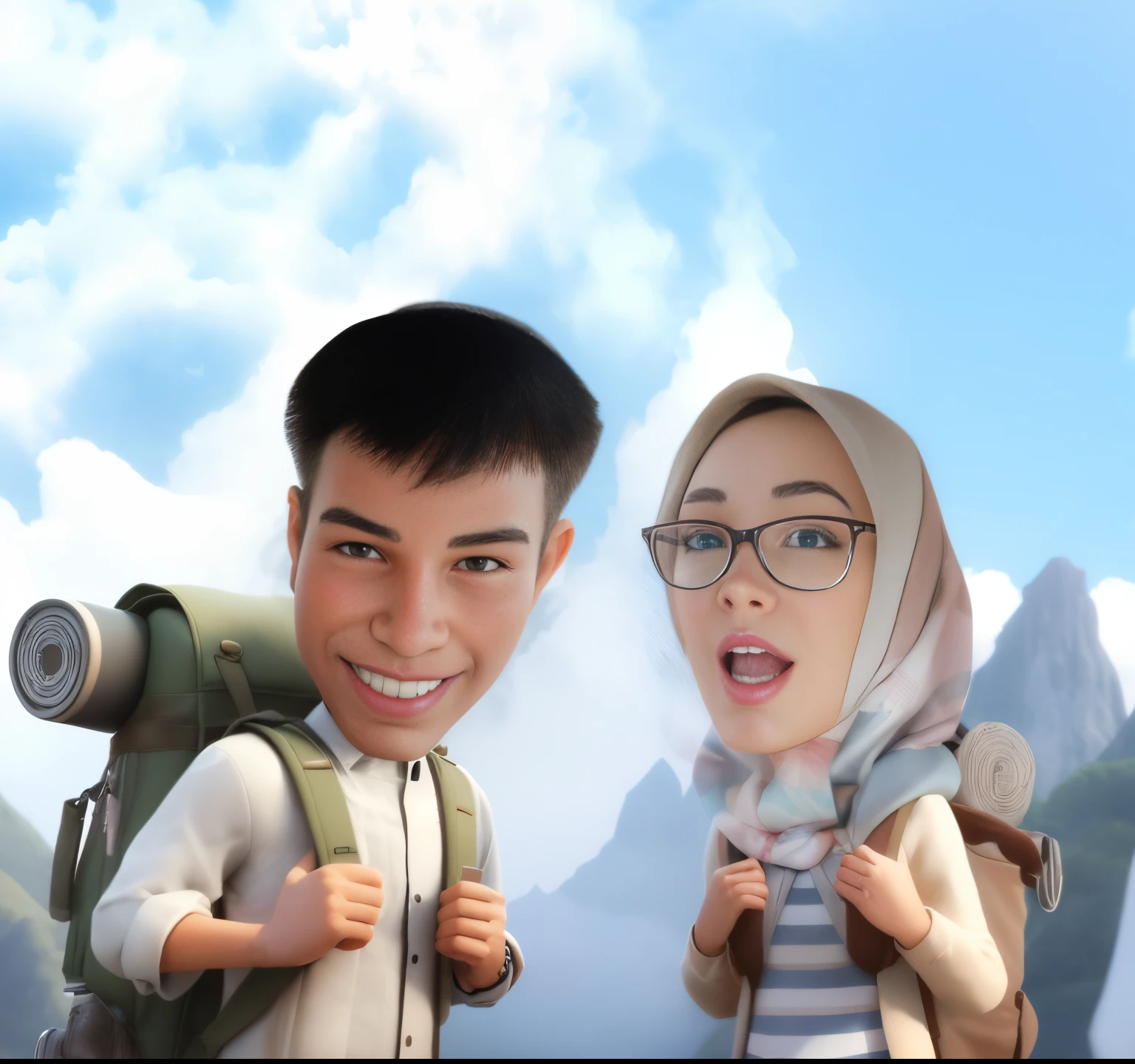 there is a cartoon picture of a man and woman with backpacks, 3 d cartoon, realistic cartoon, digital art cartoon, cartoon digital art, inspired by JoWOnder, realism artstyle, photo 3 d, photo 3d, cartoon artstyle, vacation photo, caricature illustration, in cartoon style, cartoon digital painting, potrait, by Abidin Dino, cartoon art