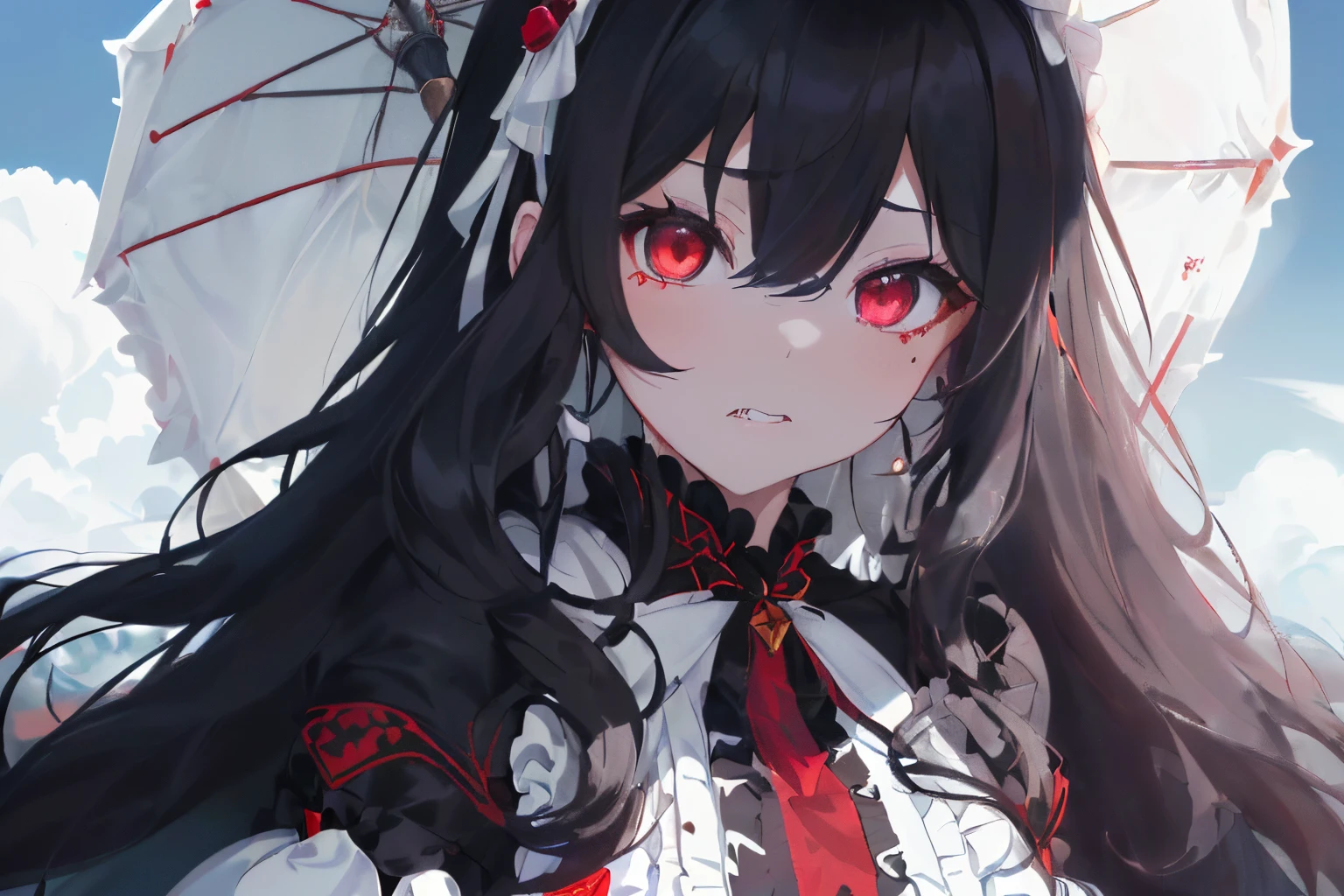 ((Black hair)),((curly fluffy hair)),((Super long hair)),((pale red eyes)),(double sleeve long sleeve clothes),(((A fluffy white dress with lots of ribbons on the chest))),((Black leather corset)),((Luxury costume with plenty of volume like a princess)),((The hem of the dress is so long that it touches the ground and sways in the wind......)),((A parasol with cute frills)),((Feeling of fatigue and weakness)),Slight red tide,(Stare at me with your mouth open),(Vampires),((long fangs)),(Yodare),(Kamimei),(((close up of face))),((Cute mascot-like black creature)),(Extra large full moon night),((Sharp eye light)),((Eyes like snakes))