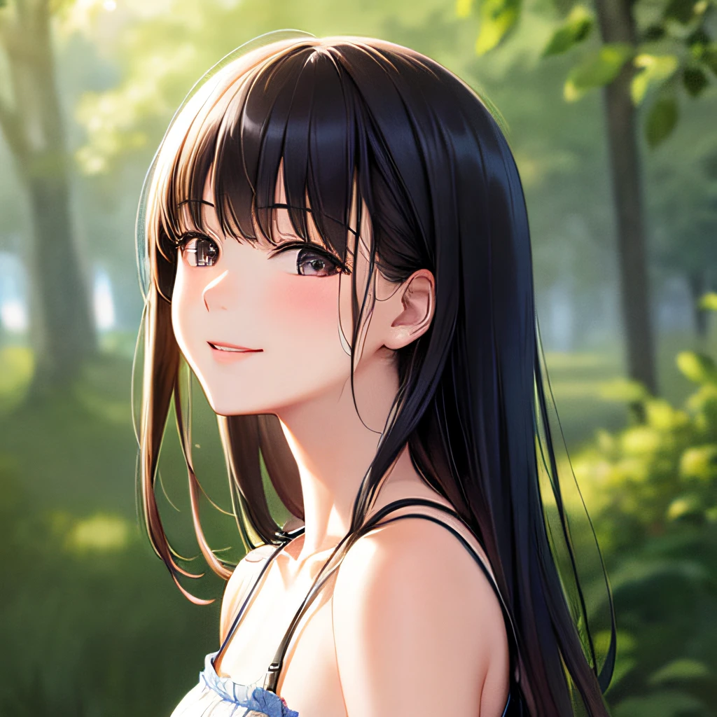 photographrealistic, (masutepiece,Best Quality:1.4),(8K,Raw photo,photographrealistic:1.2), Detailed skin,Detailed face,1girl in,Japanese Idol,Cute face, Black hair,Small breasts, slender, shiny eyes, Smile, BREAK (Side view:0.6), Cute camisole, pastel color