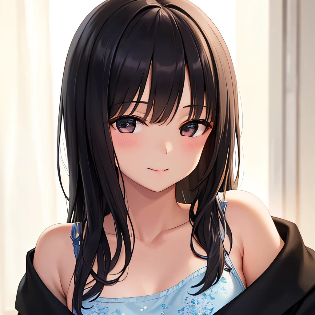 photographrealistic, (masutepiece,Best Quality:1.4),(8K,Raw photo,photographrealistic:1.2), Detailed skin,Detailed face,1girl in,Japanese Idol,Cute face, Black hair,Small breasts, slender, shiny eyes, Smile, BREAK (Side view:0.6), Cute camisole, pastel color