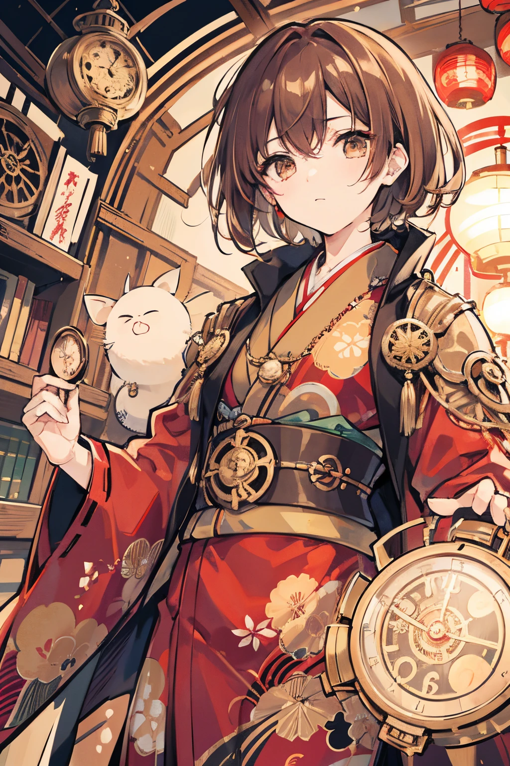 Kimono, Japanese traditional attire, Steampunk elements, Gears and machinery, Disheveled hair, Light brown hair, Short hair, pocket watch