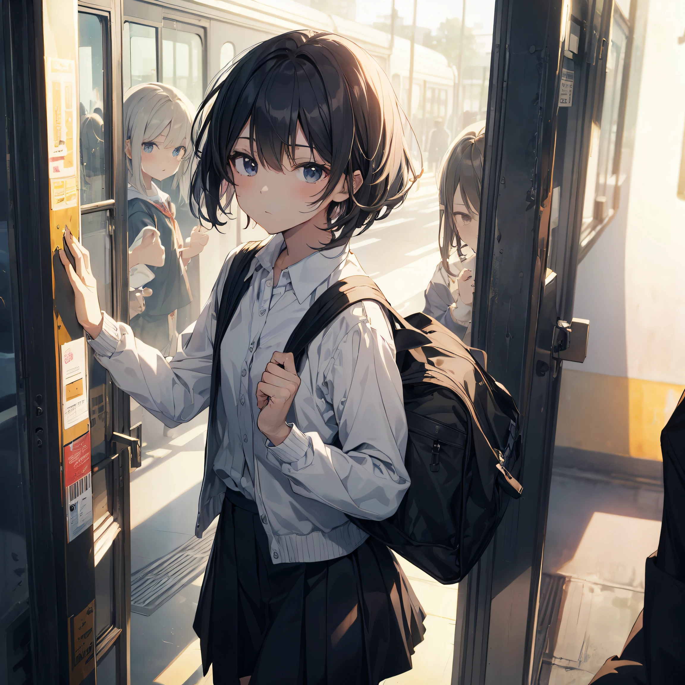 of the highest quality, anime moe art style,Best Anime 8K Konachan Wallpapers,Pixiv Contest Winner,Badass Anime 8K,Perfect Anatomy, (Draw a girl sleepily walking to school. ),BREAK, 1girl in, (Solo,Lori,,13yea:1.3),a junior gynous attraction, (Very short hair),hair messy, Full limbs, complete fingers,flat chest, Small butt, groin, Small eyes,Precise black eyes,disgusted eye, School uniform, Skirt,On the way to school. BREAK,Ultra-detailed,High resolution,super detailed skin, Professional Lighting,8k eye details, (cool illustration:1.2),
