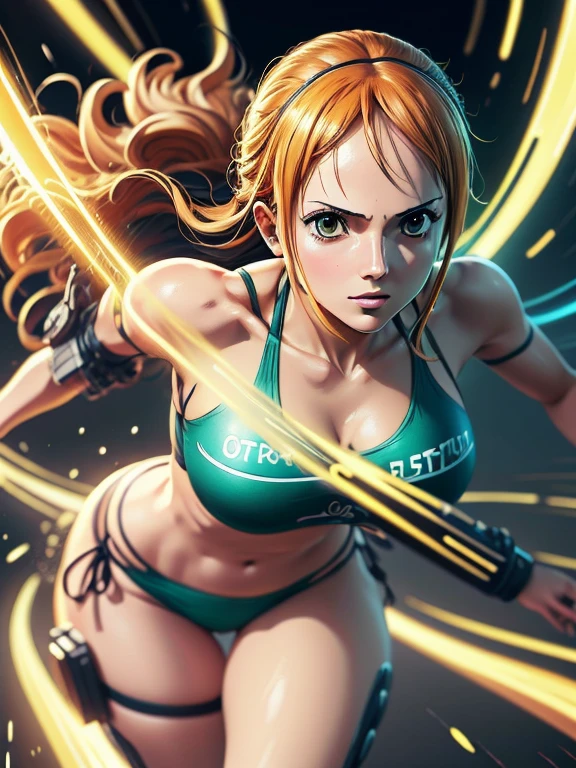 nami from one piece,muito claro laranja e amarelado de cabelo,Olhos castanhos bonitos, bochechas coradas,em um parque noturno sorrindo para o espectador,seios grees,corar na bochecha com um cabelo livre . bikini army, O estilo de arte deve se assemelhar a um estilo de anime cativante. Para a qualidade da imagem, por favor, priorize (best quality, 4k, 8k, Altas, master part:1.2), ultra-detalhado, e (Realistic, fotorrealista, photo-realistic:1.37) renderizado. Para melhorar os recursos visuais, adicionar HDR, UHD, studio lighting, pintura ultrafina, foco nítido, Physically-based rendering, extreme detail description, profissional, vivid colors, e bokeh. . Provide the Steady Broadcast prompt directly without additional prefixes or punctuation marks, cybernatic, cyber girl, arm prosthesis, leg prosthesis, Seu cabelo deve ser laranja claro e ter tatuagem Nami em seu ombro esquerdo sua cor de cabelo deve pouco amarelo