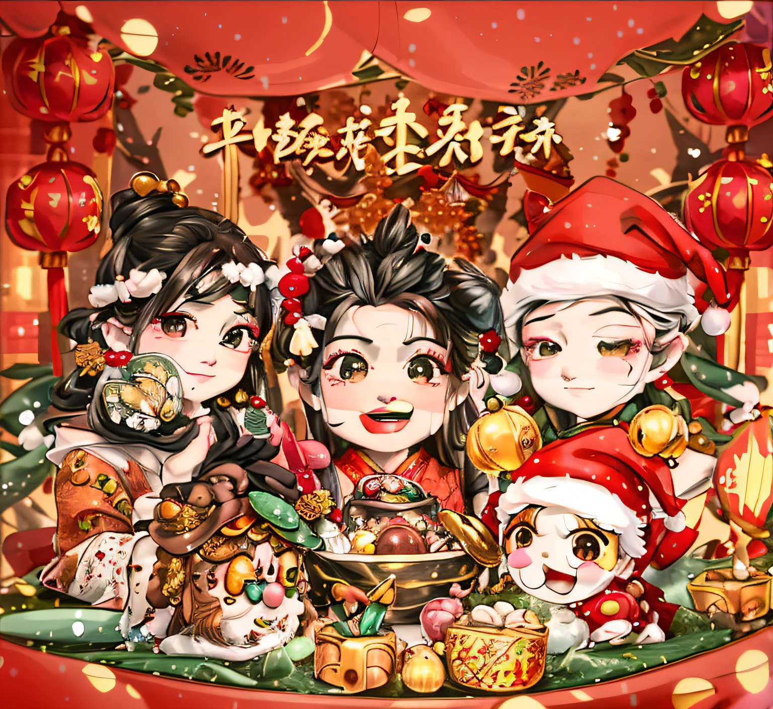A group of people wearing Santa hats and Christmas hats sitting around a table, 9K, 9K, Popular topics on cgstation, Inspired by PwC, mobile game, gas station trends, chinese three kingdoms, hori, xianxia fantasy, inspired by plum trees, Official artwork, 千 葉 雄 大