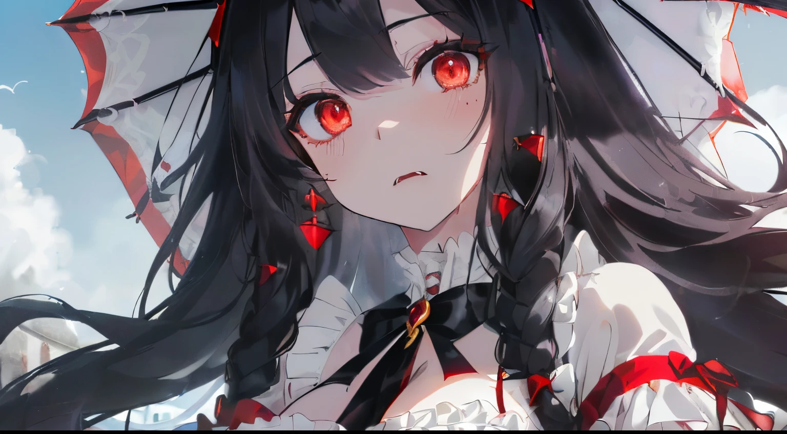 a murderous girl with a pile of corpses and a blood-red moon
