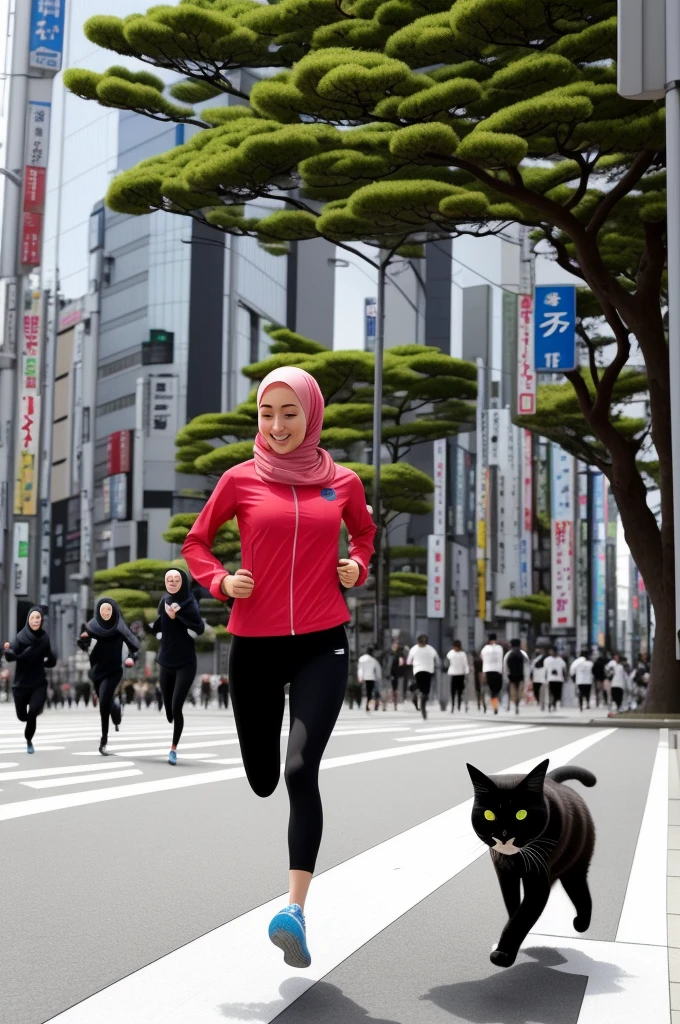 a beautiful girl with hijab running , chased by GIANT CAT in the middle of pedestrian in TOKYO city