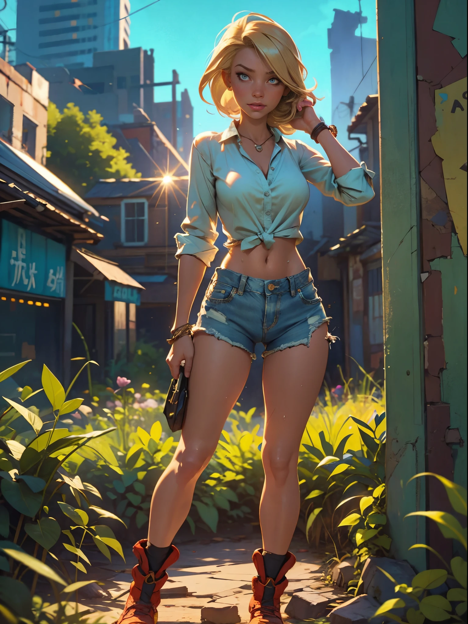 2076 year. The Urban Ruins of the Wasteland, Female huntress picking fruit in the garden, beautiful face, blonde, badly torn shirt and denim shorts ,  long legs, sweating through, sun rising, Nice warm colors, head to toe, full body shot, pretty hands, perfect fingers,