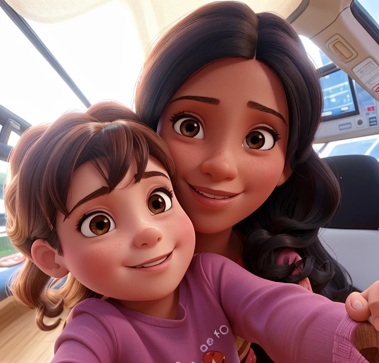 there is a woman and a child taking a selfie together, 35 year old brown skinned mother, profile image, meni chatzipanagiotou, 30 years old woman, 5 years old, valentina remenar, marischa becker, ekaterina, alina ivanchenko, lorena avarez, alena, with a kid in disney pixard style