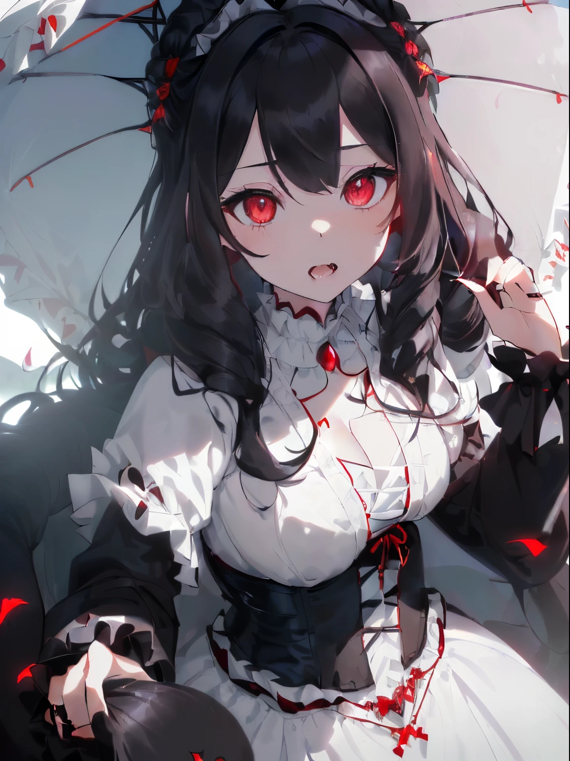 ((Black hair)),((curly fluffy hair)),((Super long hair)),((pale red eyes)),(double sleeve long sleeve clothes),(((A fluffy white dress with lots of ribbons on the chest))),((Black leather corset)),((Luxury costume with plenty of volume like a princess)),((The hem of the dress is so long that it touches the ground and sways in the wind........)),((A parasol with cute frills)),((Feeling of fatigue and weakness)),Slight red tide,(Stare at me with your mouth open),(Vampires),((long fangs)),(Yodare),(Kamimei),(((Super close-up of the face))),((Cute mascot-like black creature)),(Extra large full moon night),((Sharp eye light)),((Snake-like eyes)),((tome&#39;I&#39;m reaching out and inviting you.)),