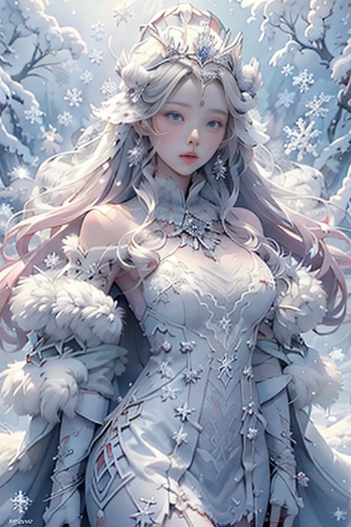 female, the body, sun light, shaved open pubis, haircut white hairs, a lot of snowflakes, in the snow ice crystalls, super detailed, anatomically correct, masterpiece composition, accurate drawing, face perfect cute woman sweet beautifull, wearing white fur cloak, thick white vapor fog smoke clouds wind, white skin, bright pink blush, blizzard snowstorm, front view, fullbody, snowflakes crown, wearing crystal white transparent