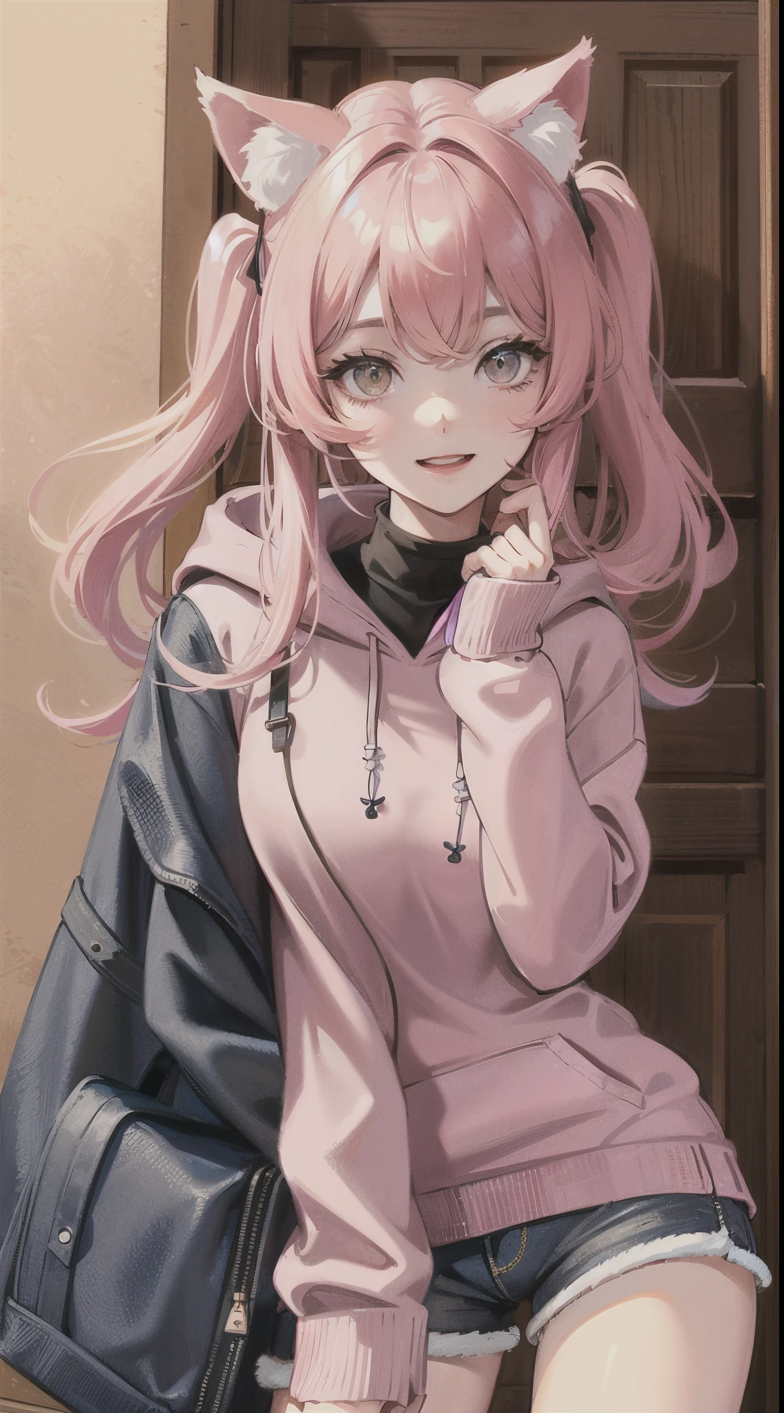 Girl with cat, short light pink cat, girl standing, wearing a dark red sweater, wearing baggy dark blue ripped jeans, real cat ears on top of her head the same light pink color as her hair, soft hazel eyes, smiling, HD image, RED HOODIE, large white feathered wings, crown resting on her right cat ear