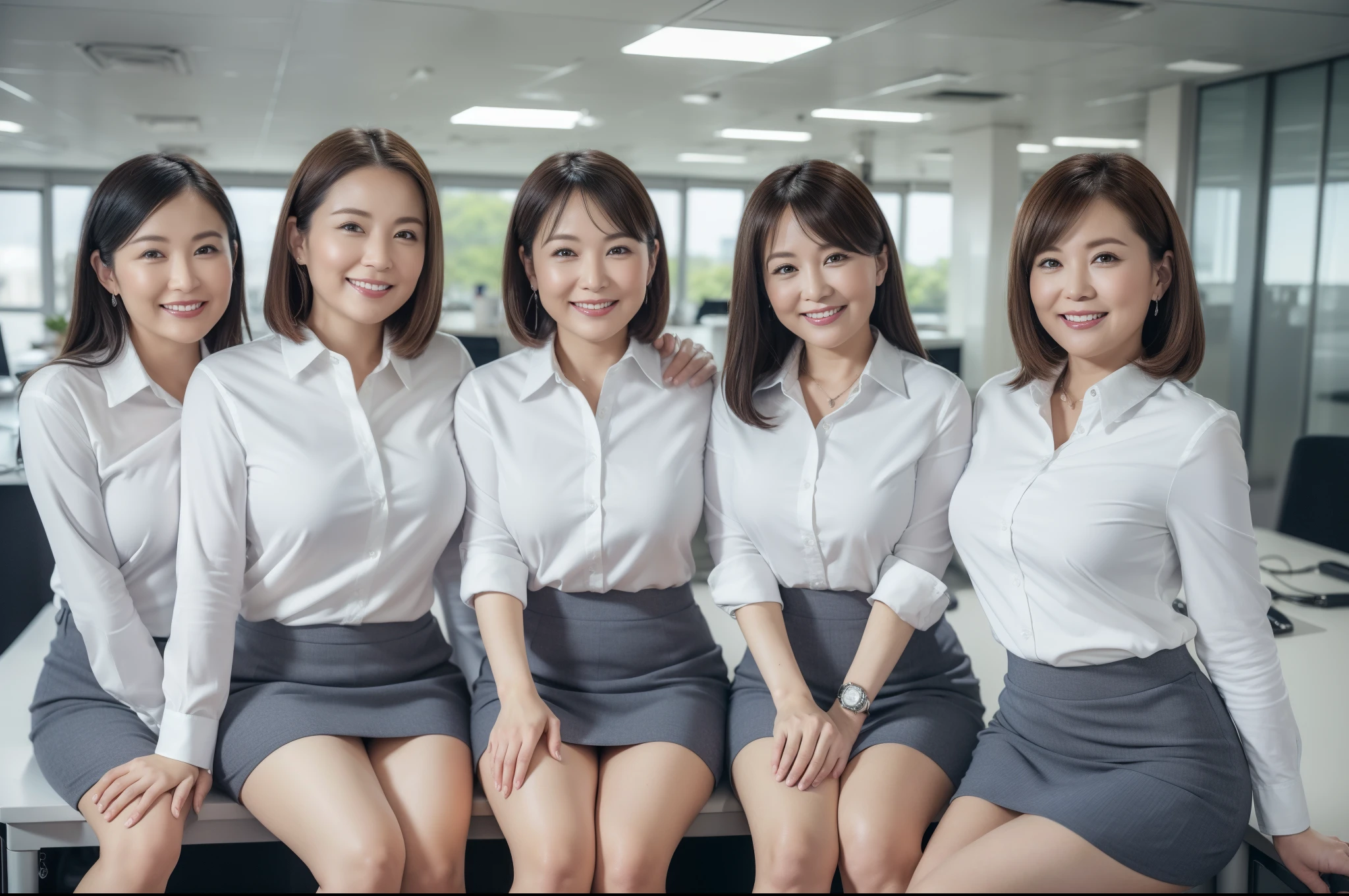 ((Best Quality, 8k, Masterpiecedetails, ultra-high resolution)), (group picture), (looking at the viewer), (fmiddle shot:), attractive business 5 milfs, 5 people, a bit chubby:0.25, white collared shirt, grey skirt, (sitting with cross legs on office desks)), smile, office of CEO,