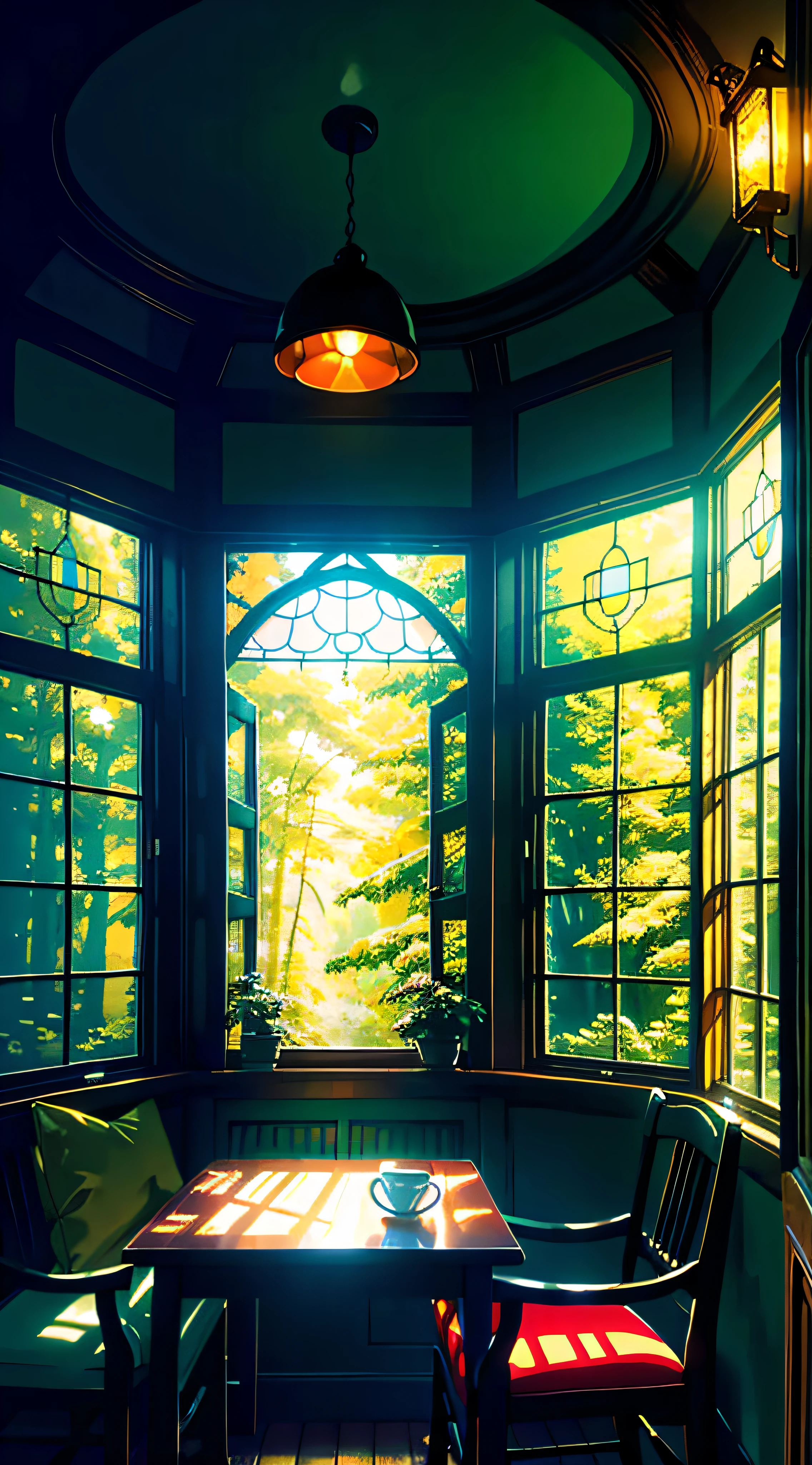 Cozy room, table, bed, many books, paintings, view from the window of the forest, sea, happiness, full color, multicolored, artificial, highest detail, super quality, small details, glare, neon lights, masterpiece, illustration, daylight, huge room, huge windows, stained glass windows