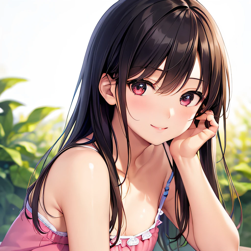 photographrealistic, (masutepiece,Best Quality:1.4),(8K,Raw photo,photographrealistic:1.2), Detailed skin,Detailed face,1girl in,Japanese Idol,Cute face, Black hair,Small breasts, slender, shiny eyes, Smile, BREAK (Side view:0.6), Cute camisole, pastel color