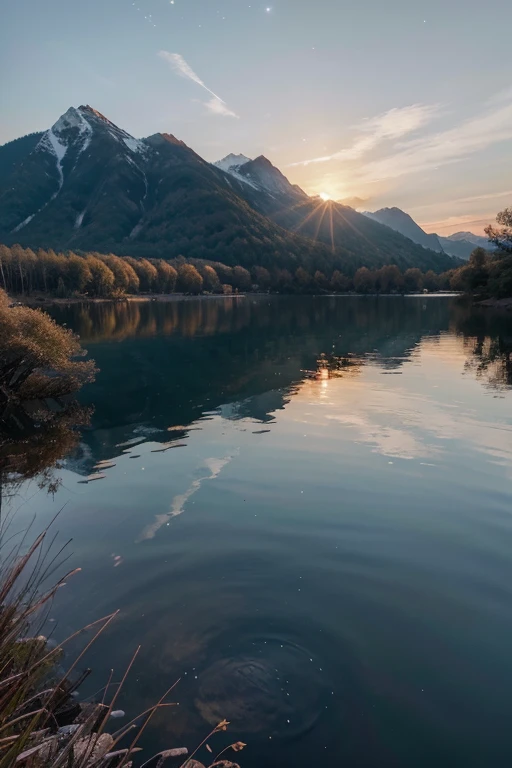 "Use artificial intelligence to create high-quality images, Featuring advanced levels of detail and cinematic style. Imagine the orange-red sunset quietly setting,The sky turns dark blue,Dotted with stars。The mountains in the distance are silhouetted in the afterglow,Clear and quiet outlines。The lake is like a mirror,Beautiful picture reflecting the sky,A gentle breeze blows across the lake,Ripples。The trees are bathed in the warm afterglow,Tree shadows cast mottled shadows on the path。A flock of colorful birds flying in the sky,Leave a beautiful trail。The air is filled with the fragrance of flowers and the fresh smell of pine forests,It's like being in a fairyland。This is the moment,Time seems to freeze,Immerse yourself in the tranquility and mystery of nature。